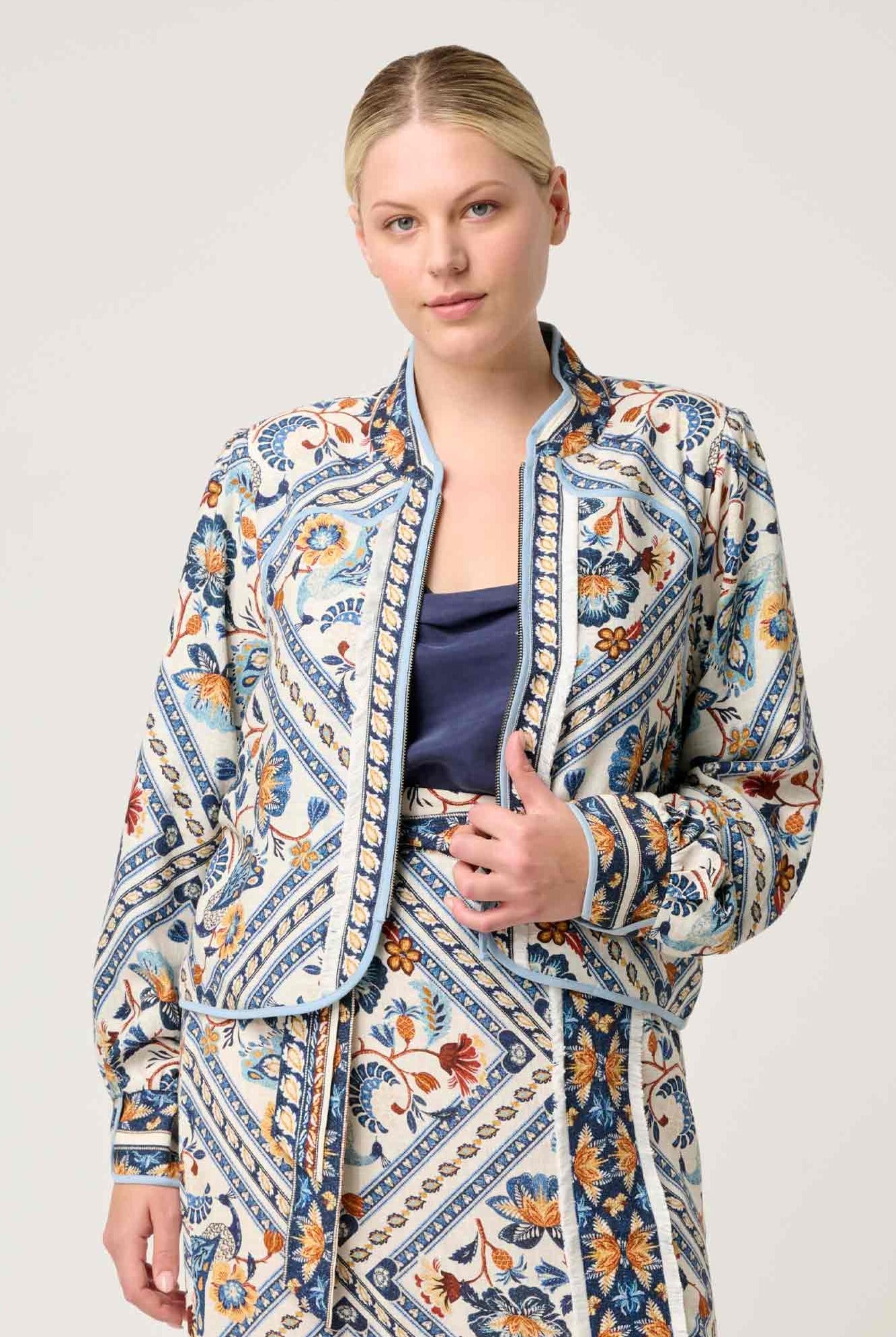 womens artisinal print jacket worn by model