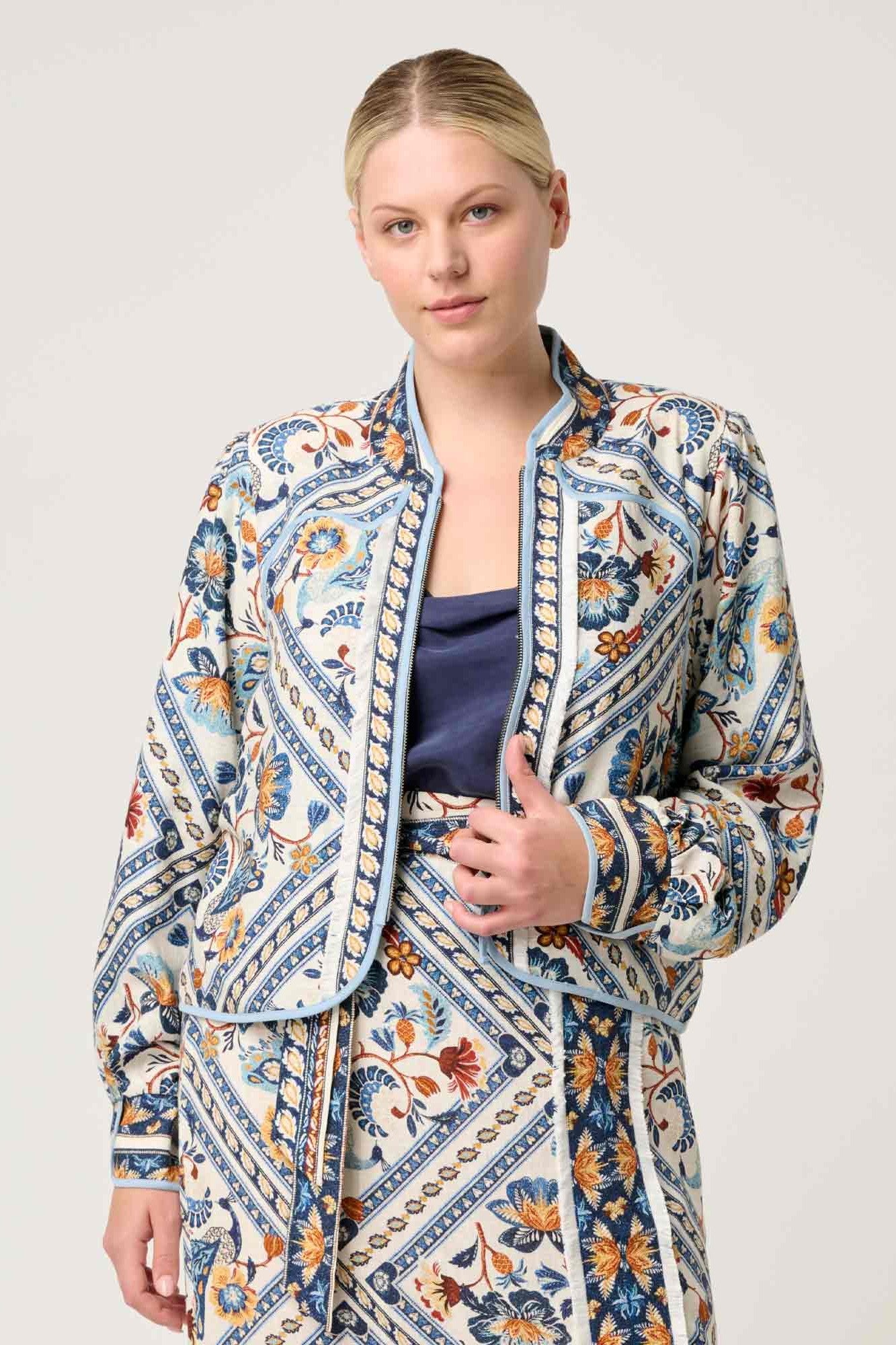 womens artisinal print jacket worn by model