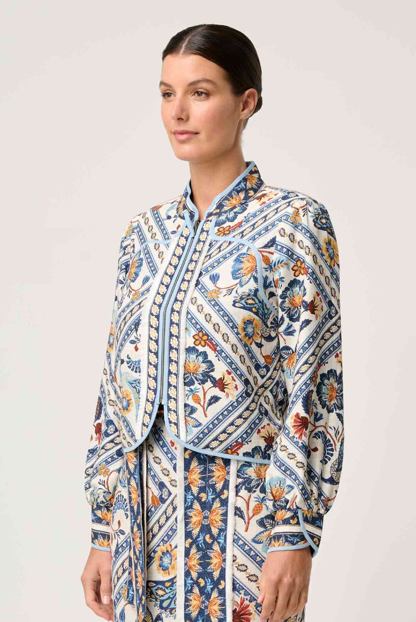 womens artisinal print jacket worn by model