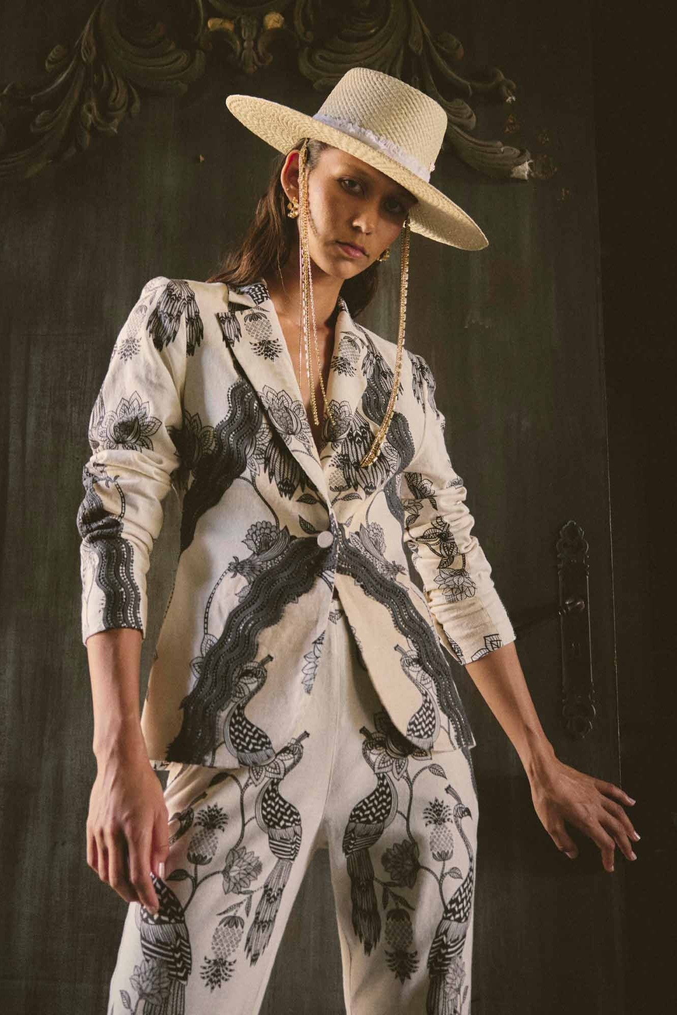 womens cream with black linework print blazer model campaign