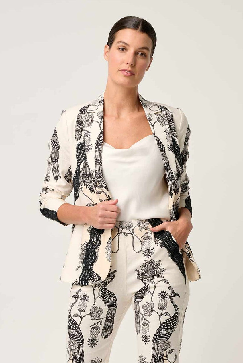 womens cream with black linework print blazer worn by model