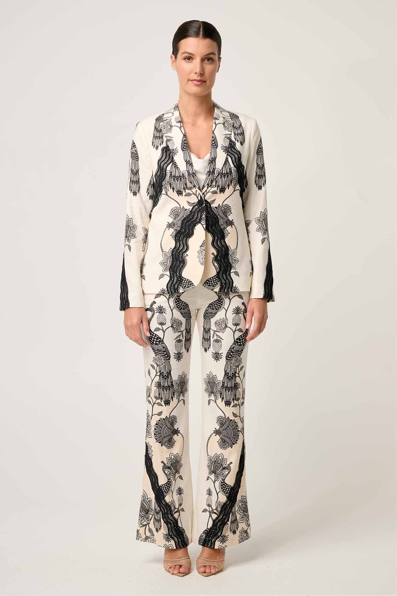 womens cream with black linework print blazer and pant worn by model