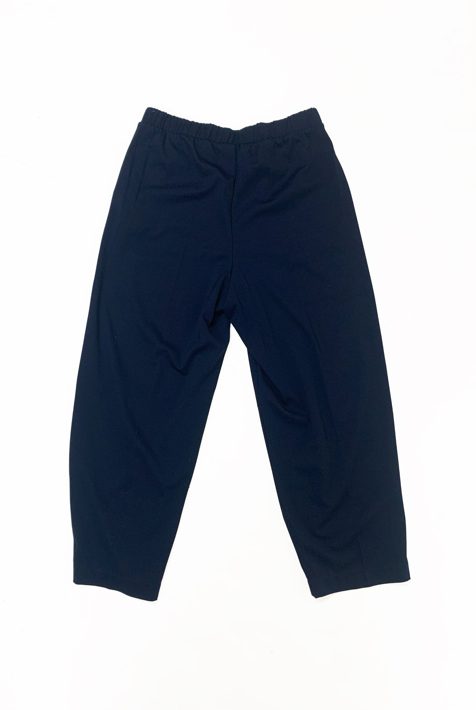 womens barrel shape trouser navy clear cut white background back