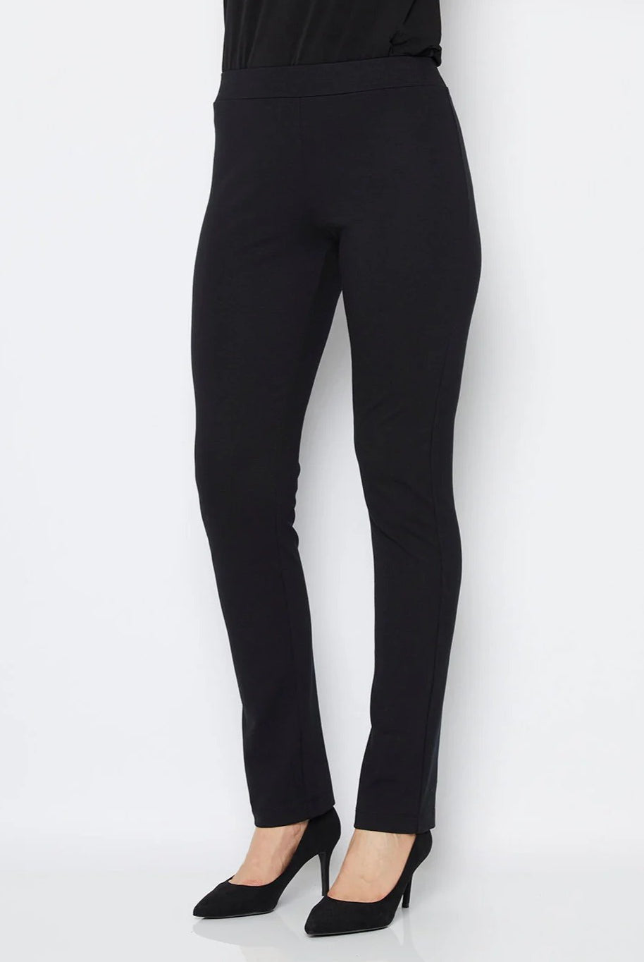womens slim stretch pant black worn by model