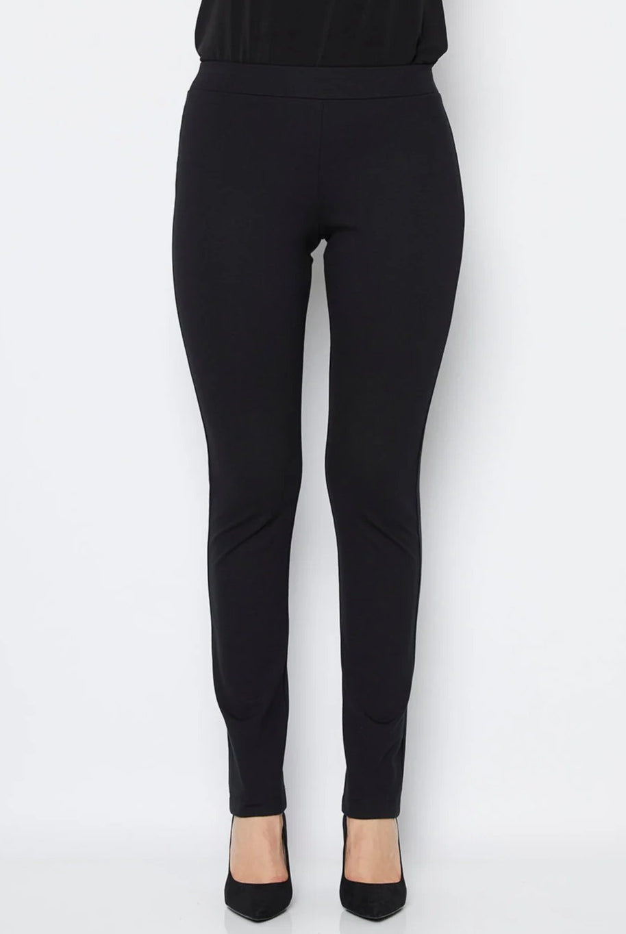 womens slim stretch pant black worn by model