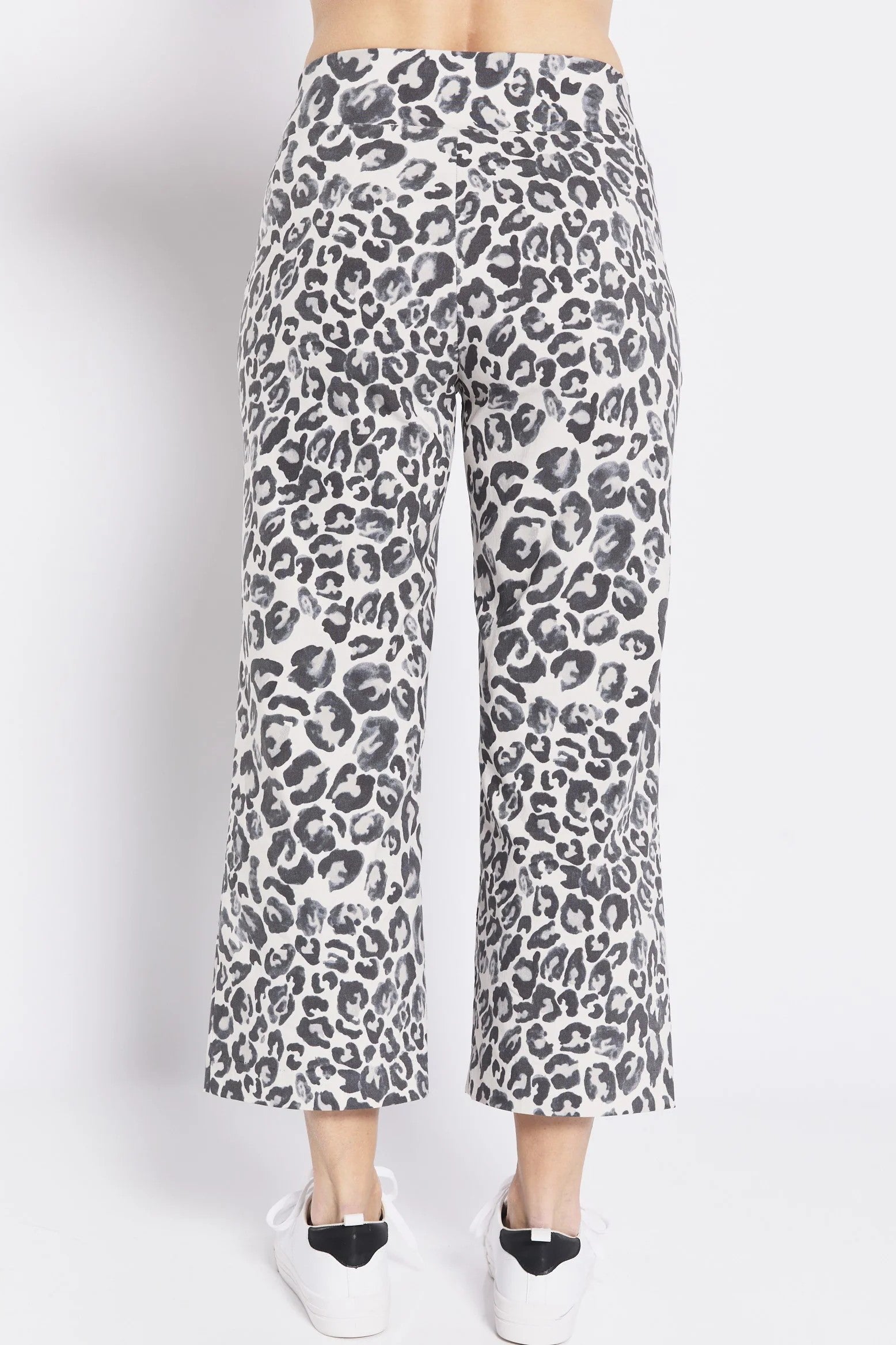 Grey eopard print pants on a white background back view