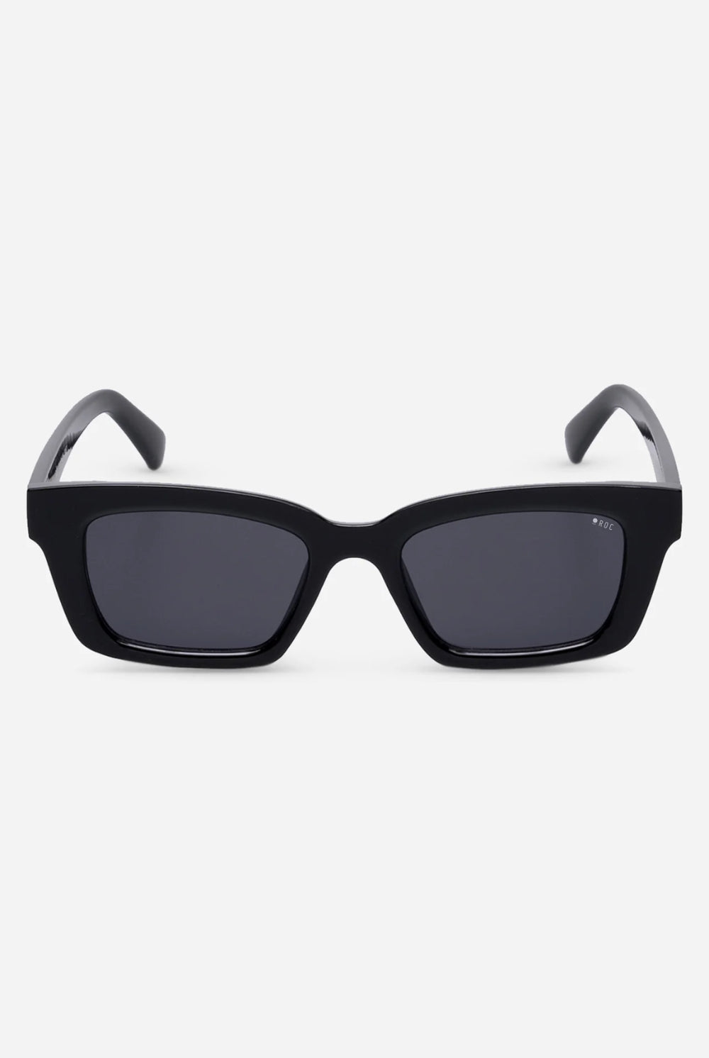 Black sunglasses with dark lenses on a white background