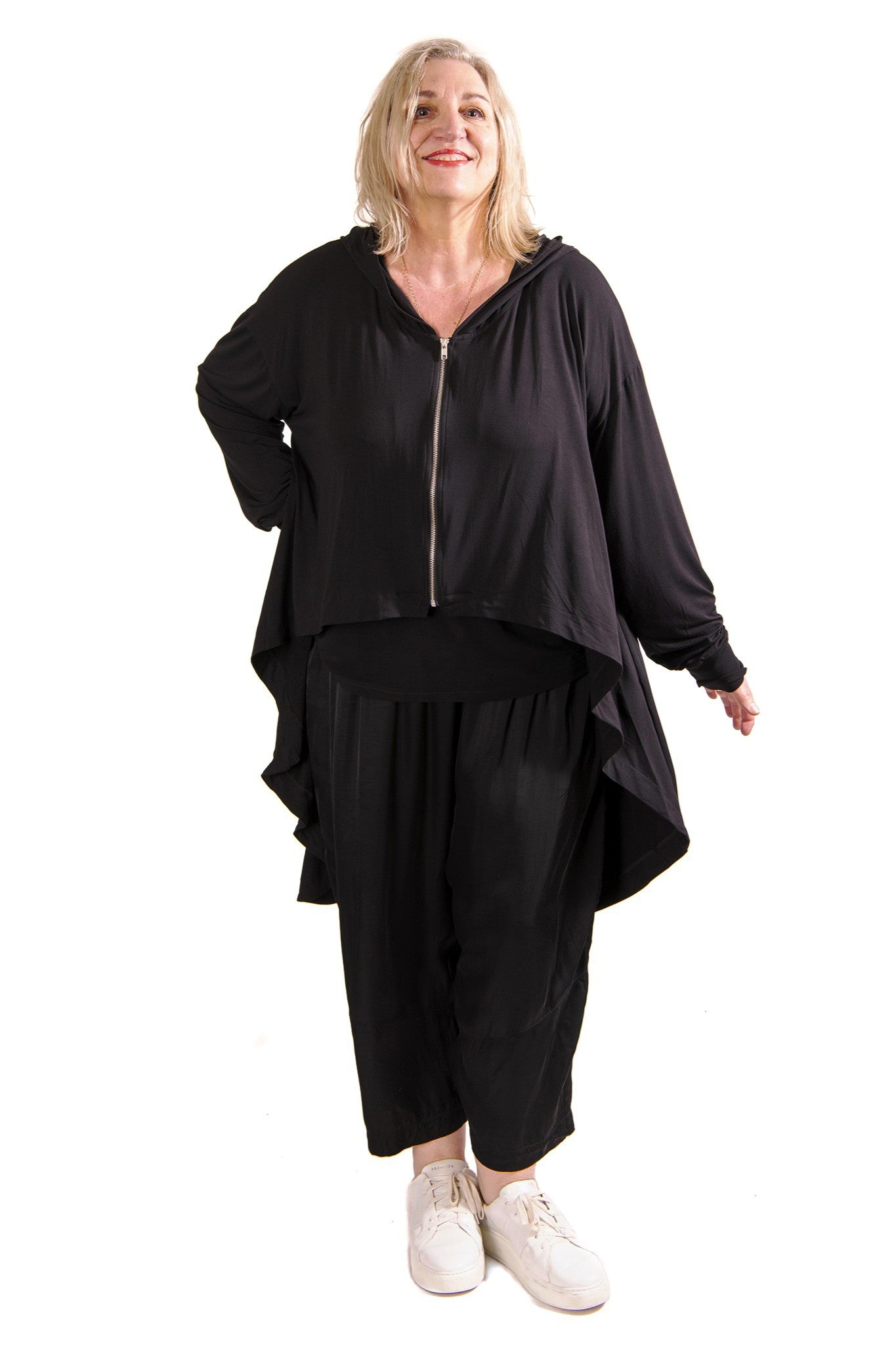 womens knit zip through hooded jacket with dramatic high low hem in black