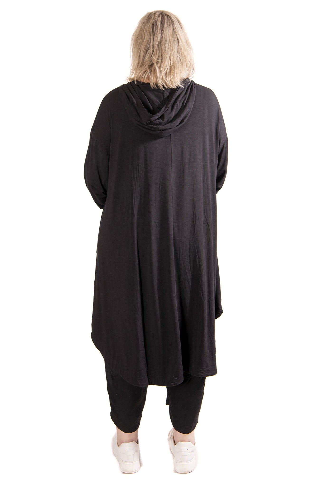 womens knit zip through hooded jacket with dramatic high low hem in black back view