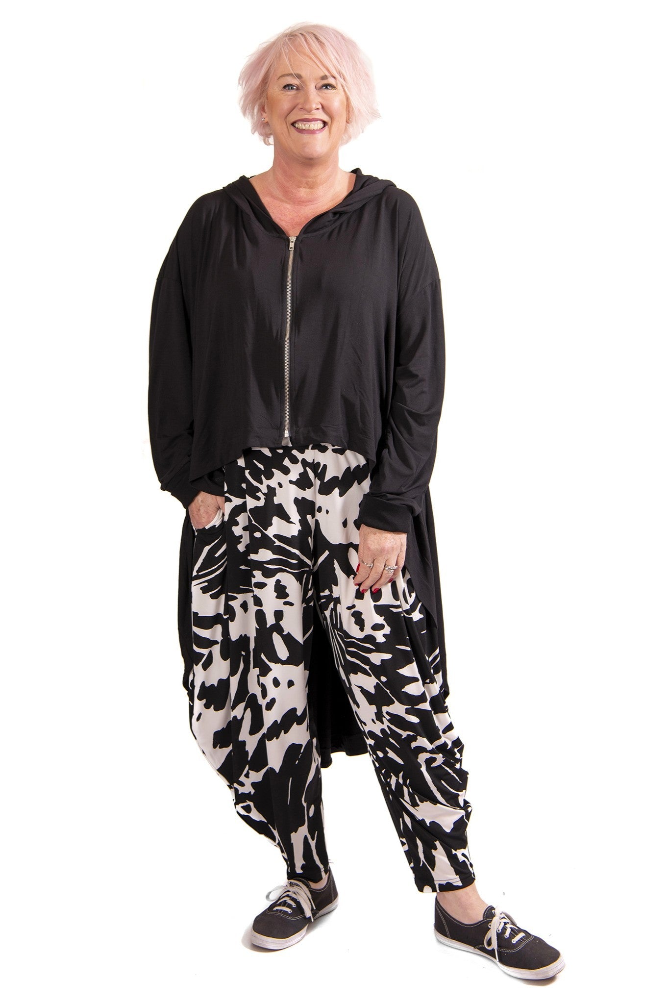 womens knit zip through hooded jacket with dramatic high low hem in black