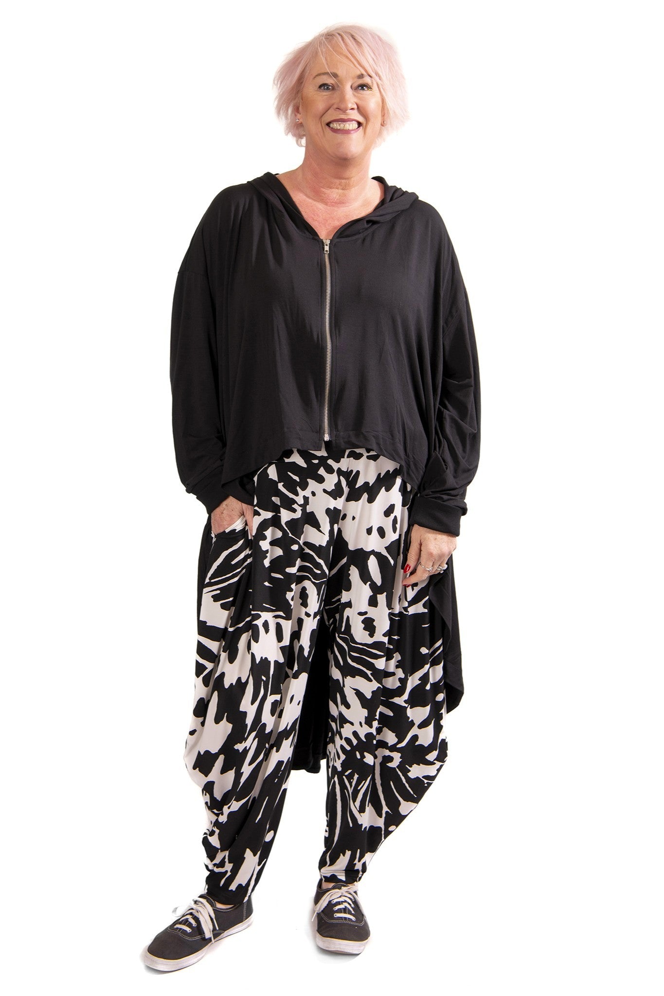 womens knit zip through hooded jacket with dramatic high low hem in black