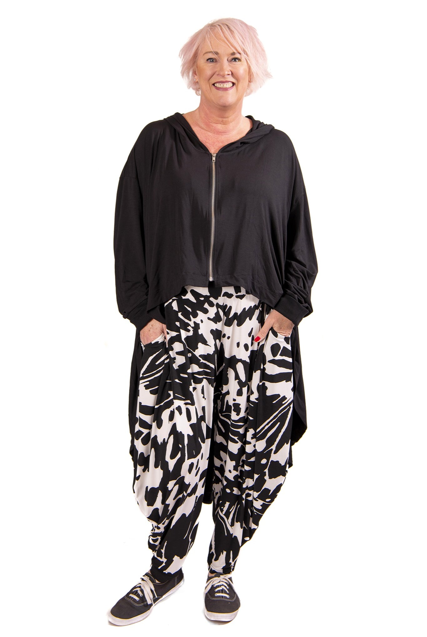 womens knit zip through hooded jacket with dramatic high low hem in black