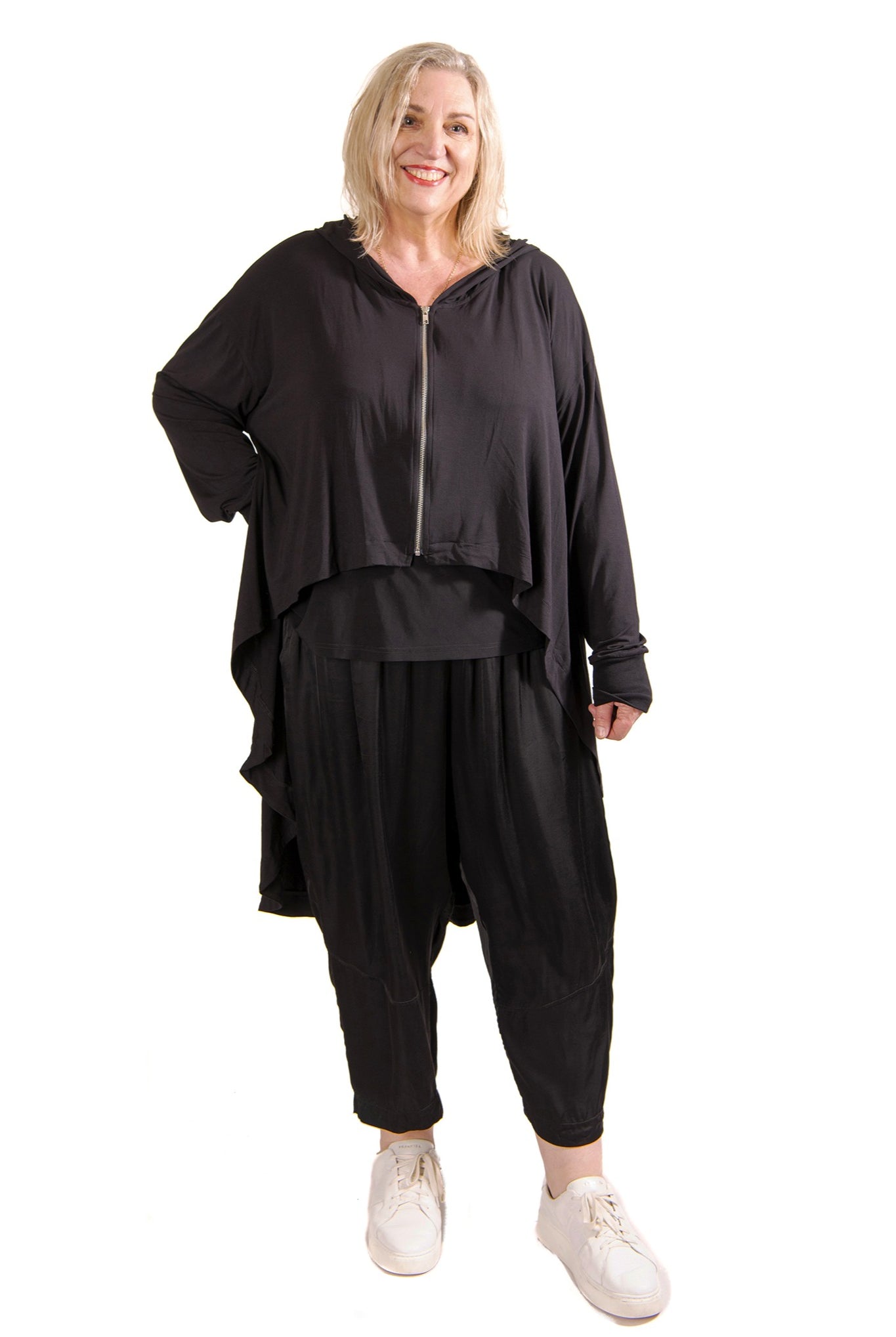 womens knit zip through hooded jacket with dramatic high low hem in black