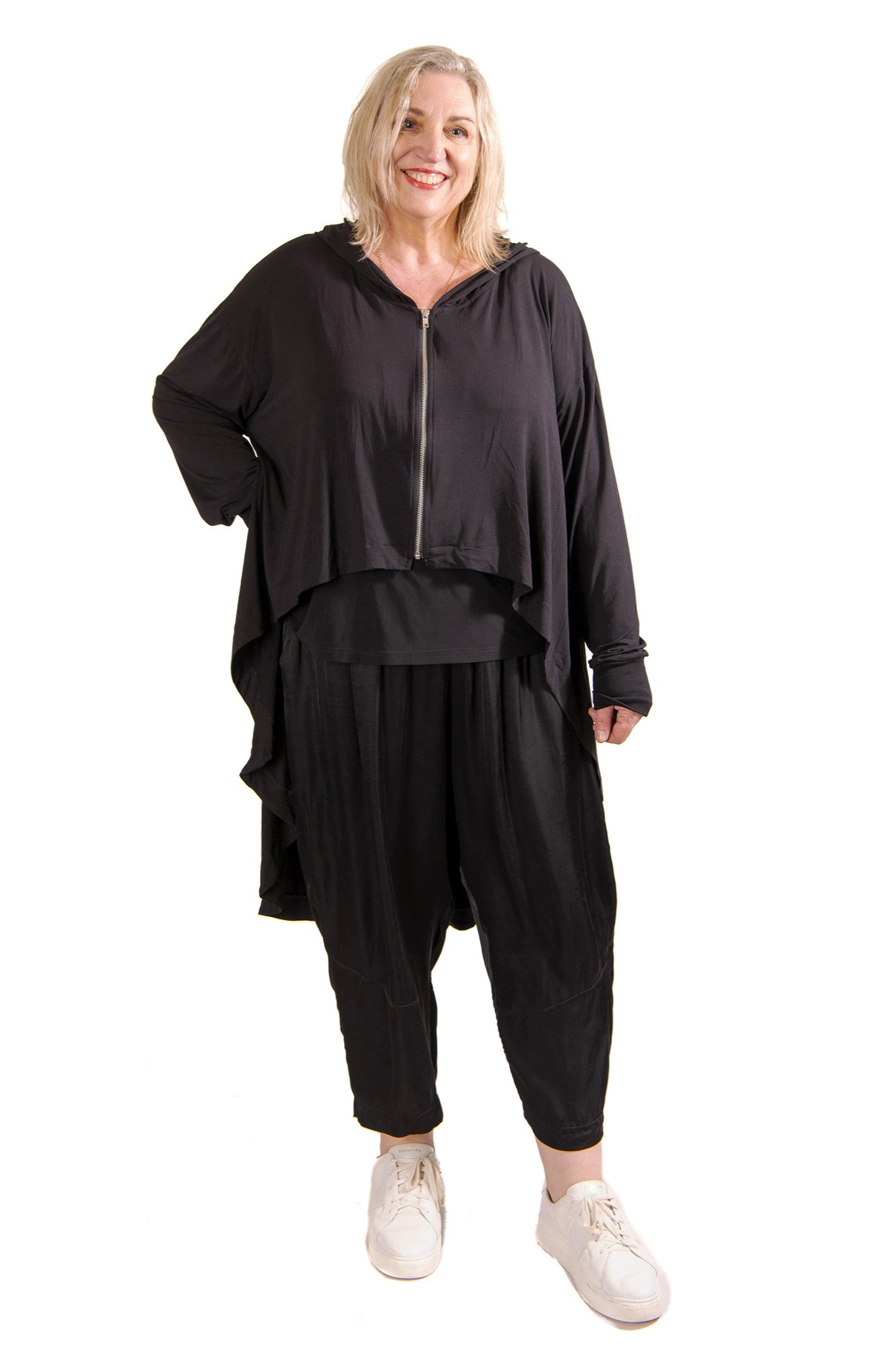 womens knit zip through hooded jacket with dramatic high low hem in black