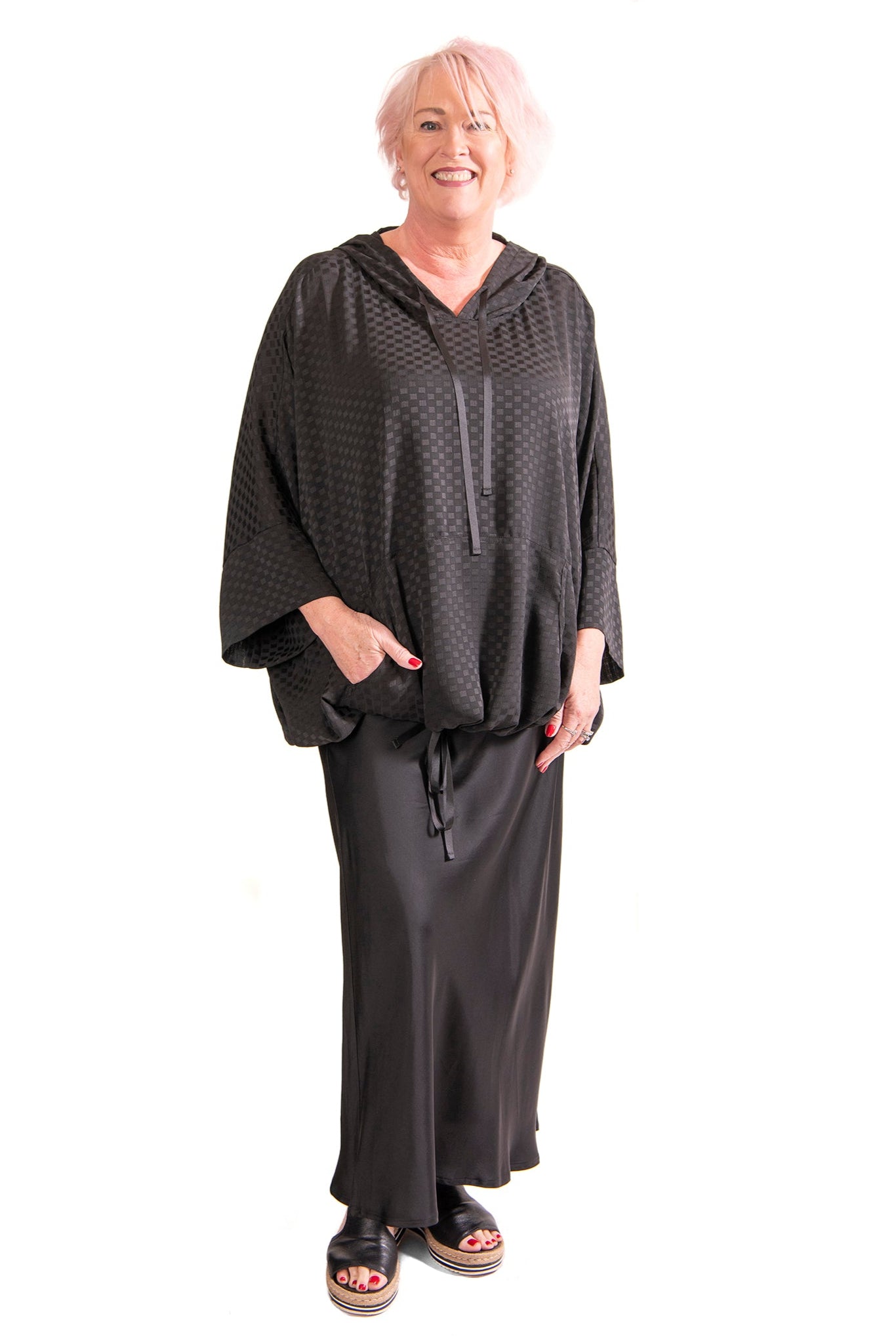 Raven bias cut skirt black with chiffon hood
