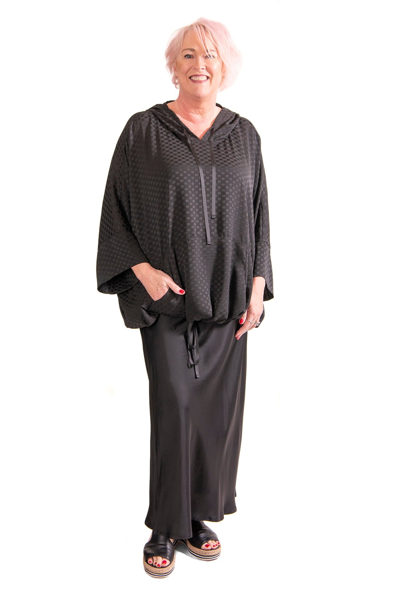 Raven bias cut skirt black with chiffon hood