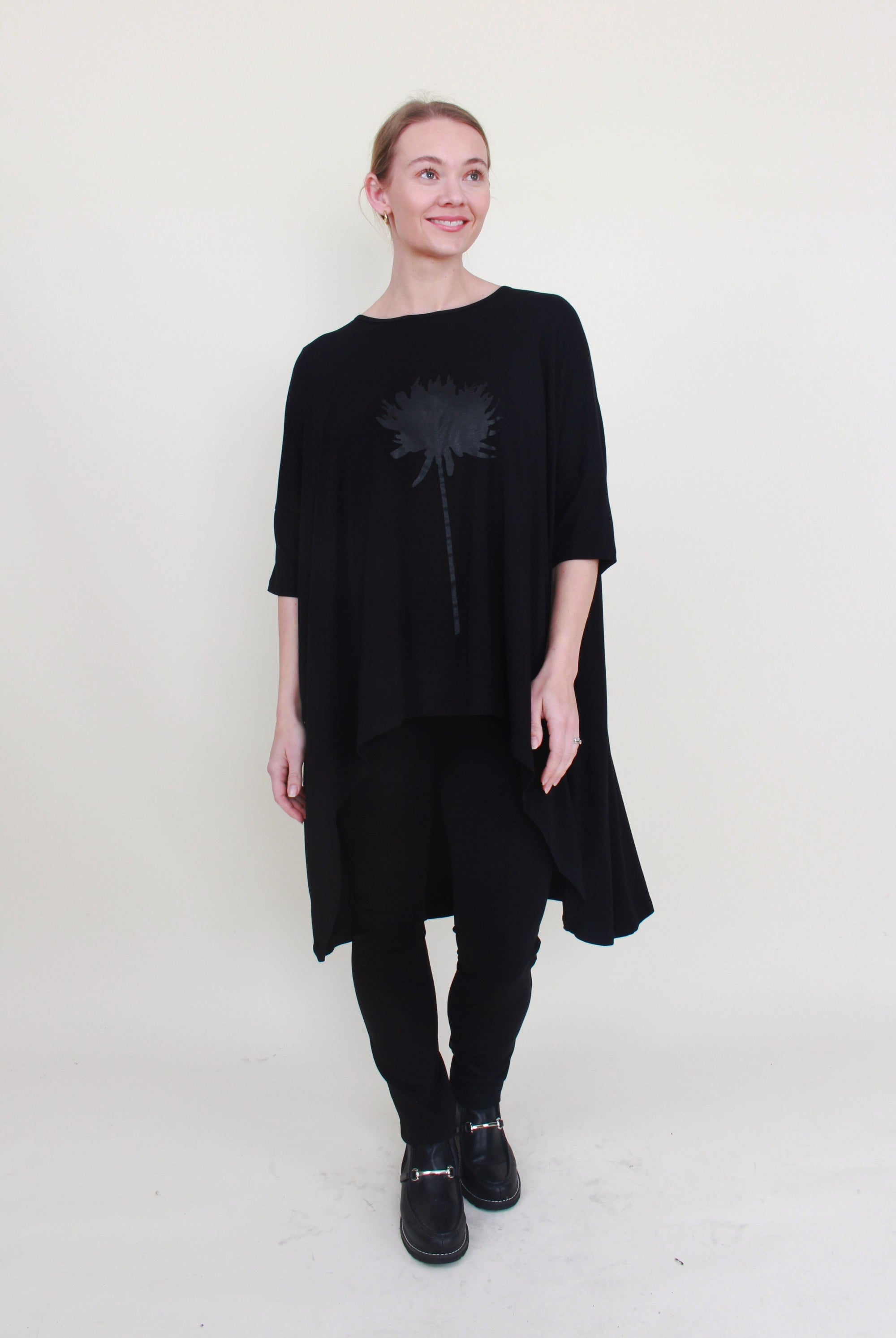 womens black high low tunic top dahlia print in black