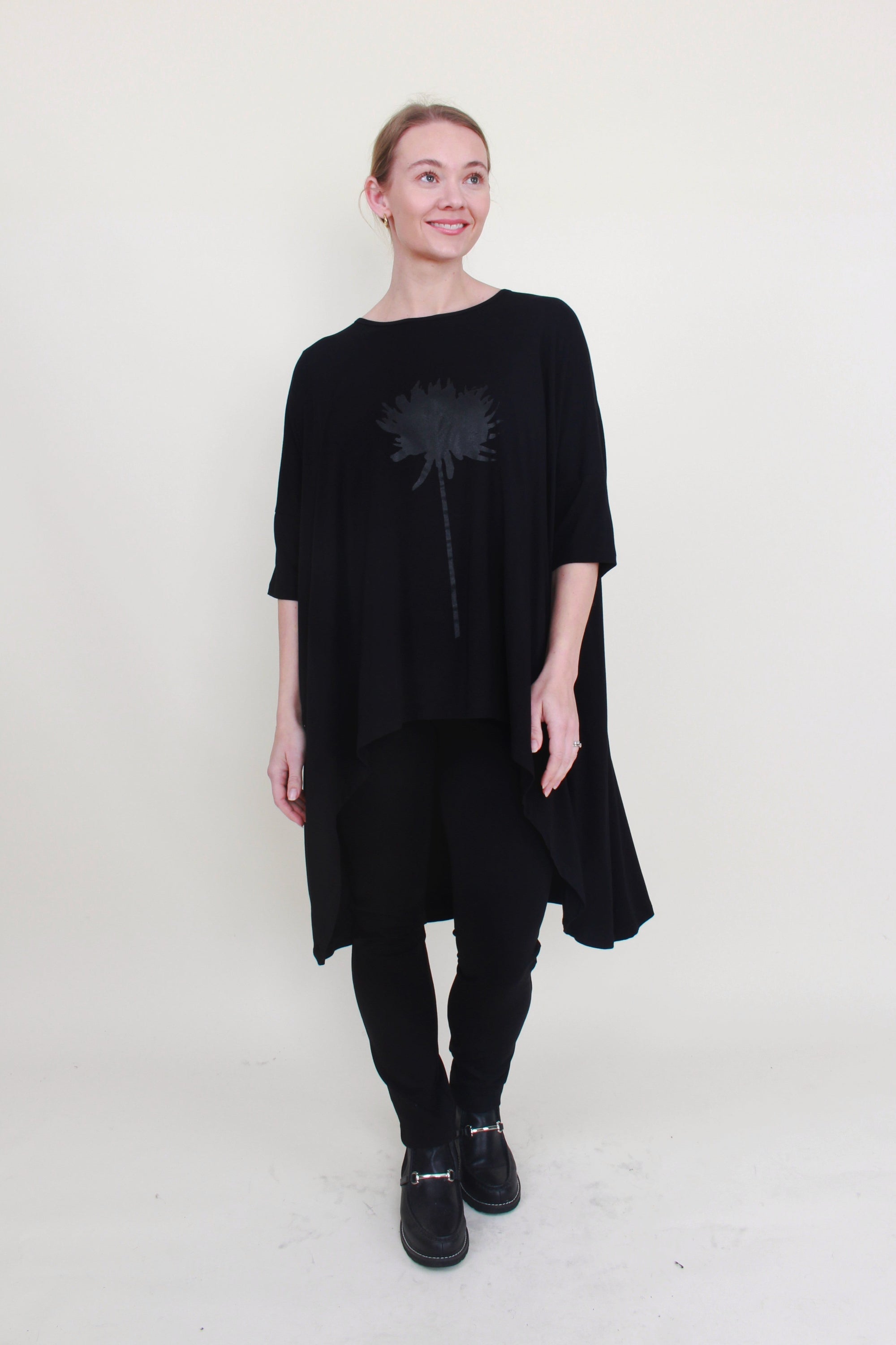 womens black high low tunic top dahlia print in black