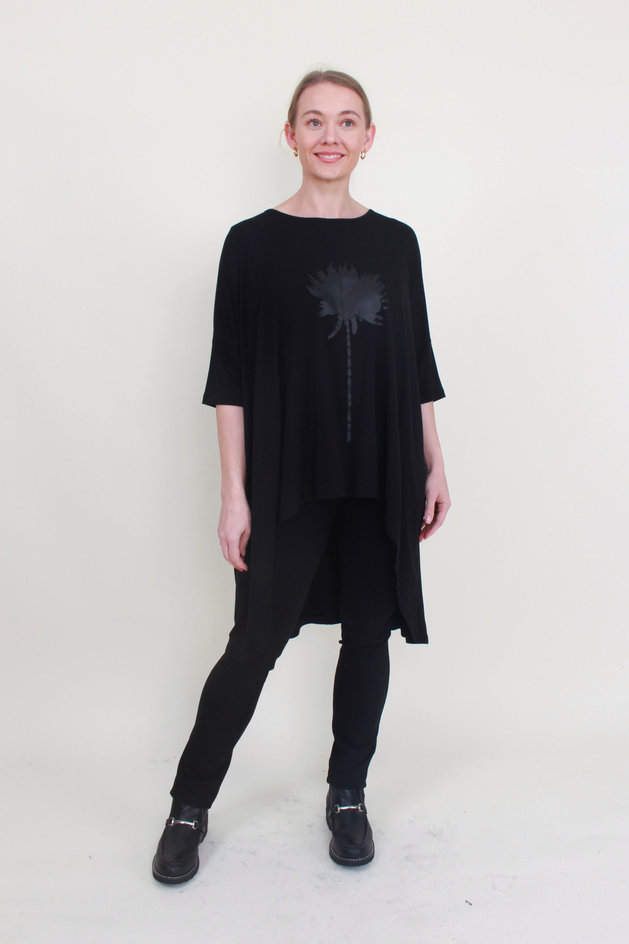 womens black high low tunic top dahlia print in black