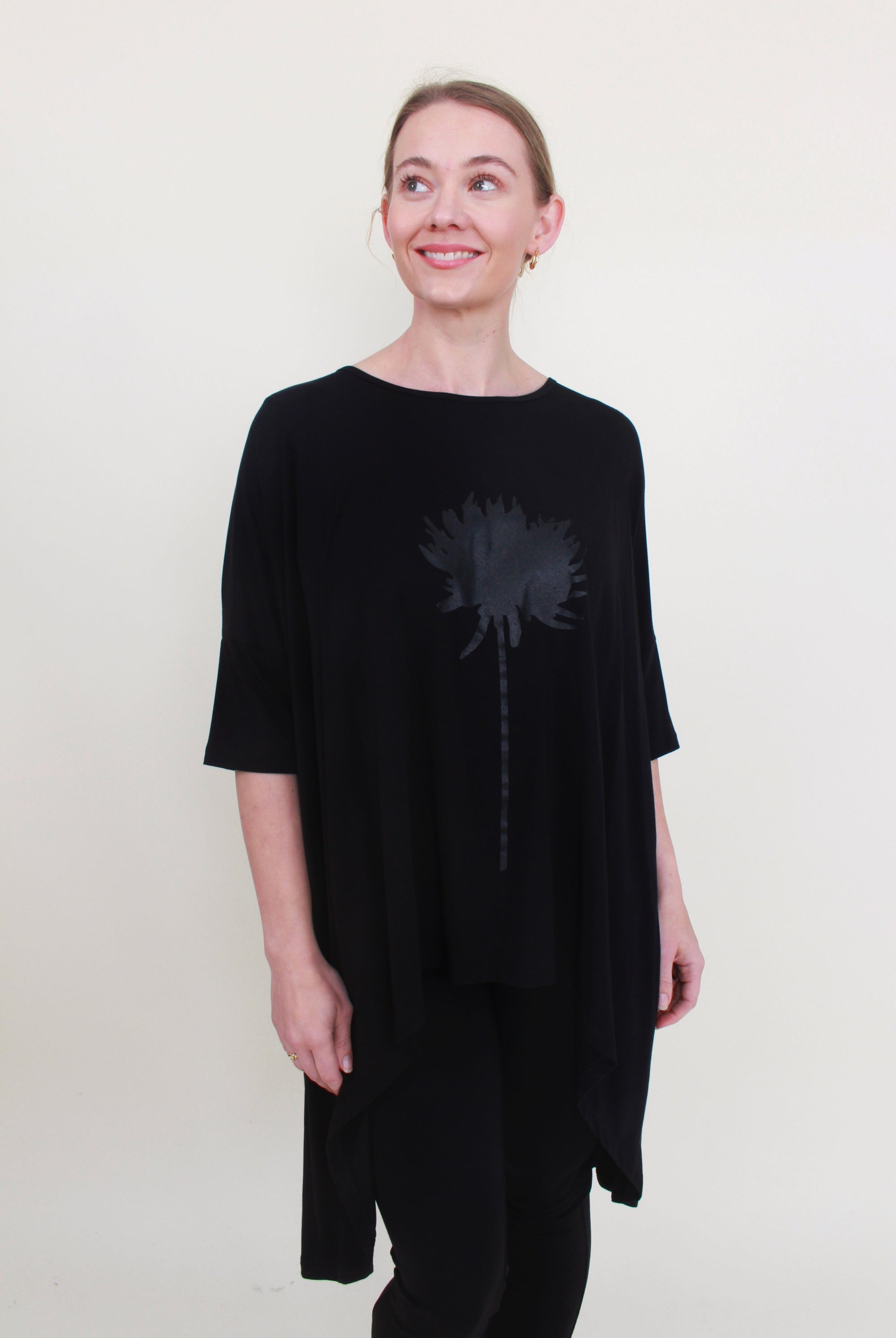 womens black high low tunic top dahlia print in black