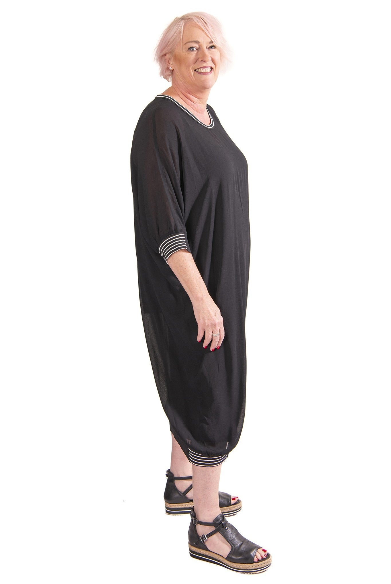 black semi sheer midi dress with stripe trims