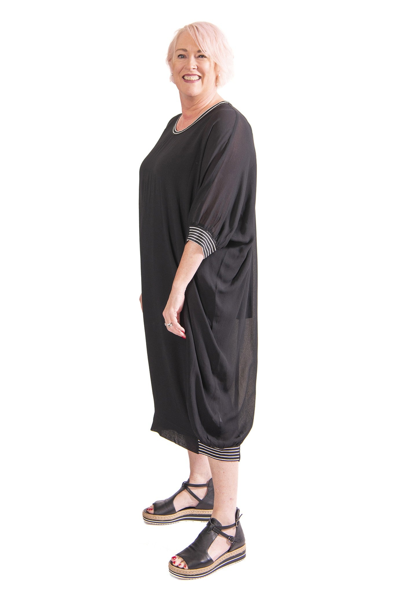 black semi sheer midi dress with stripe trims