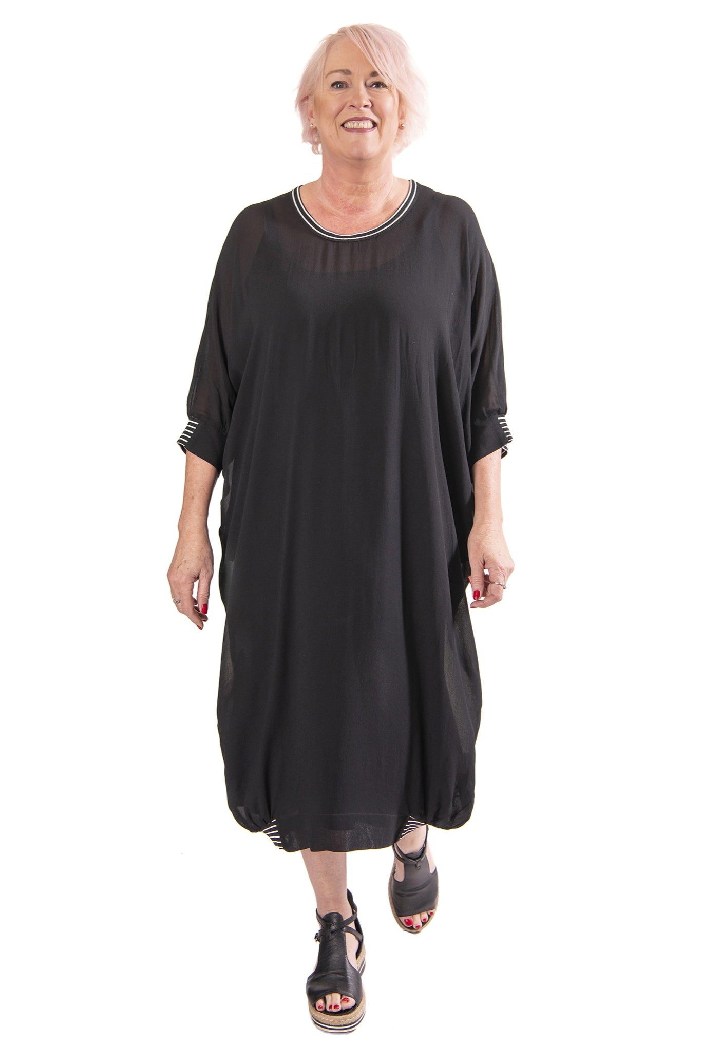 black semi sheer midi dress with stripe trims