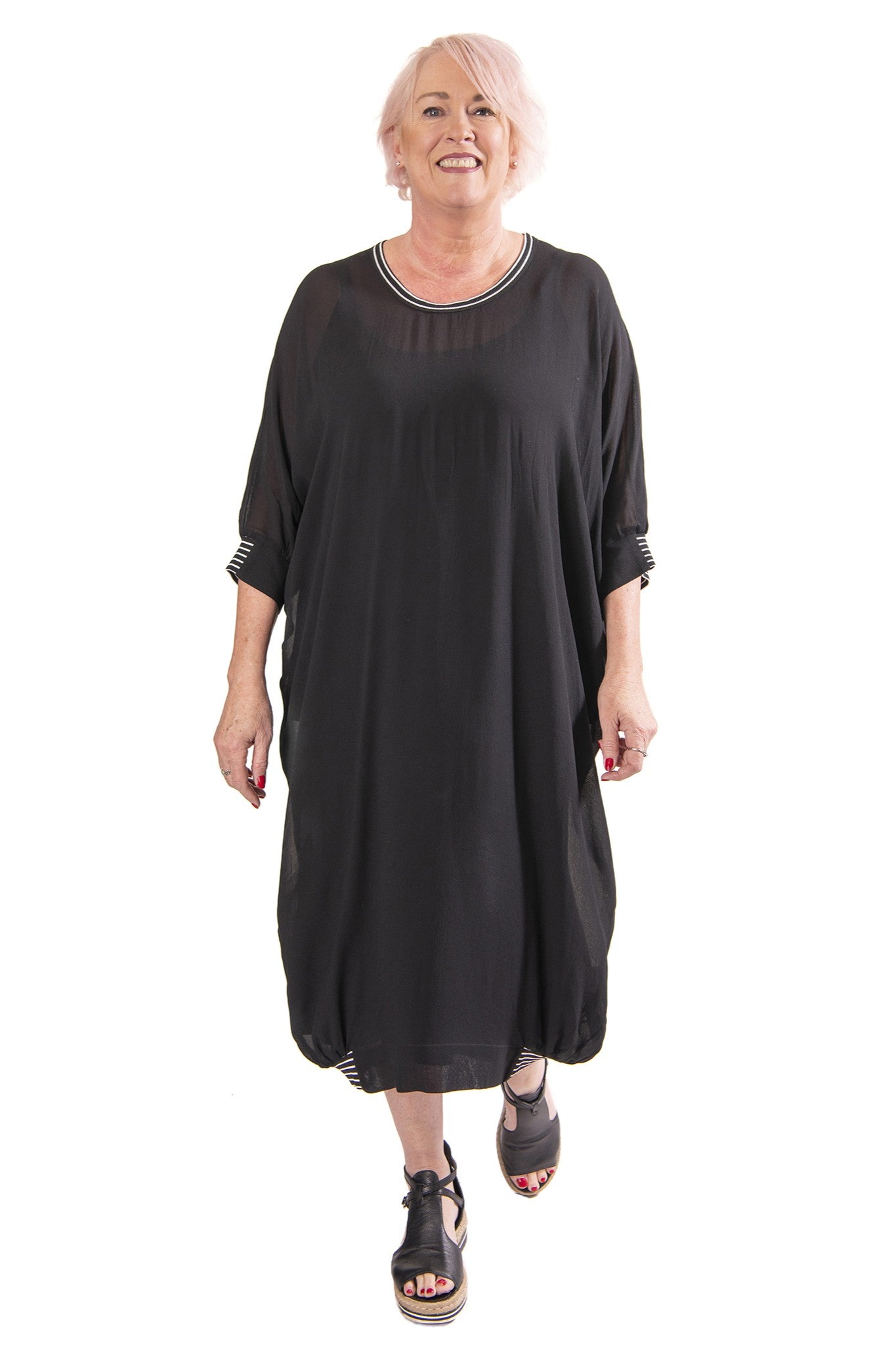 black semi sheer midi dress with stripe trims