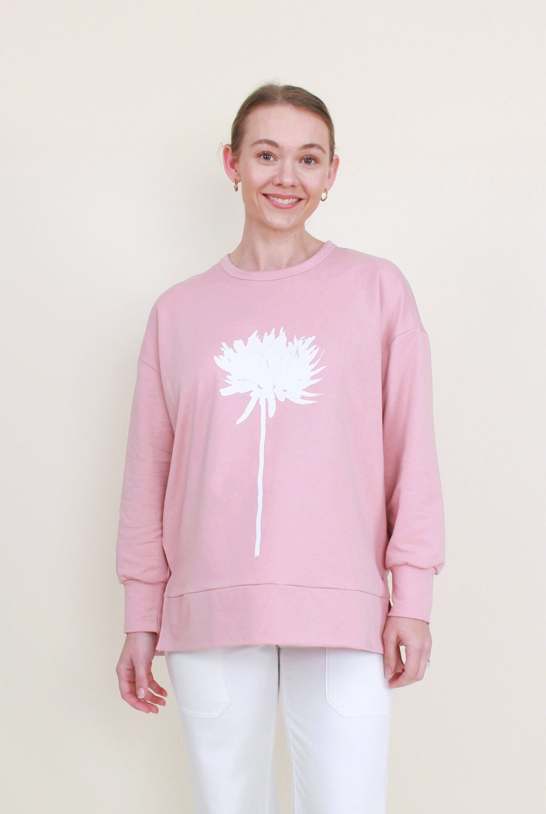 womens pull-over casual sweat with dahlia print in pink