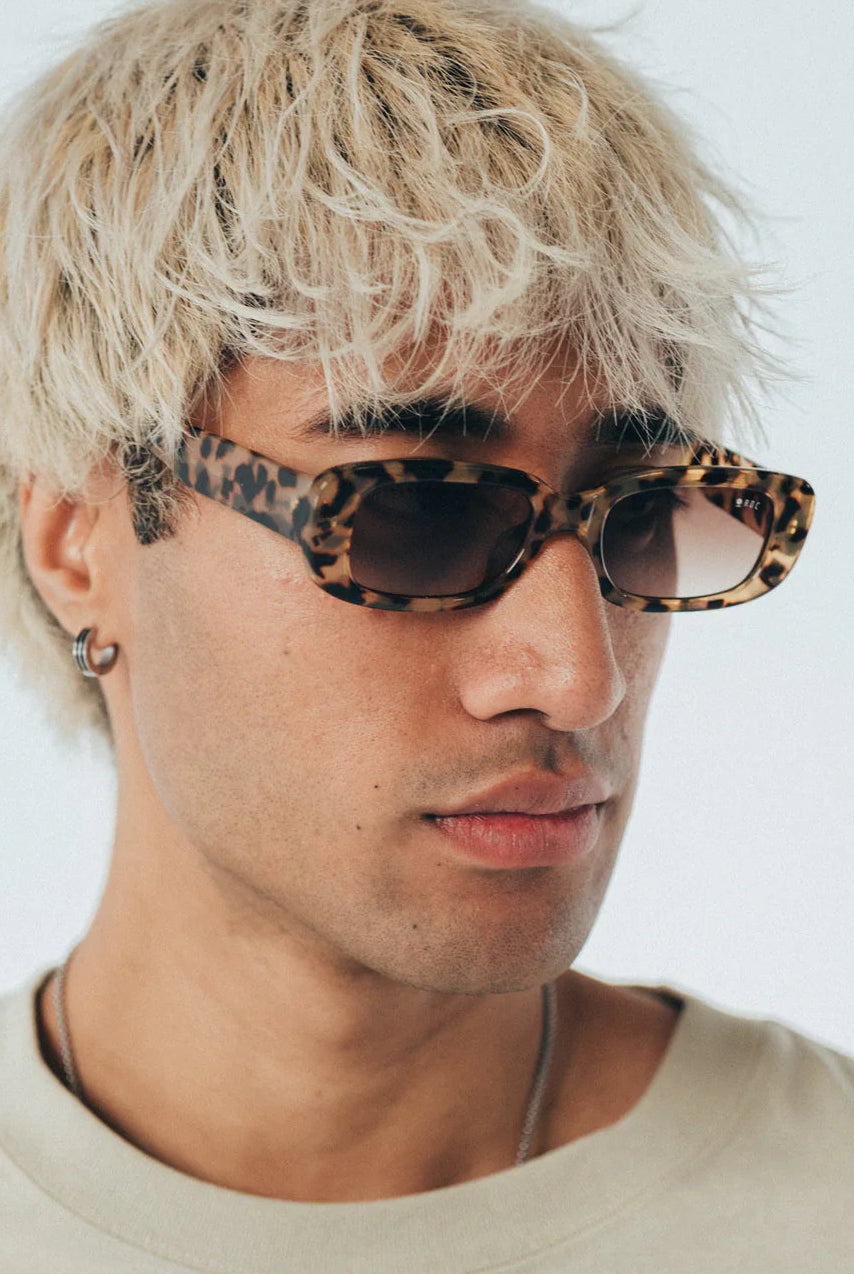 Person wearing leopard print sunglasses with a neutral background
