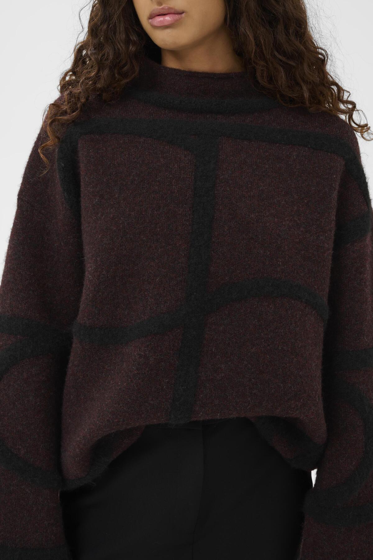 Person wearing a dark burgundy sweater with a white background