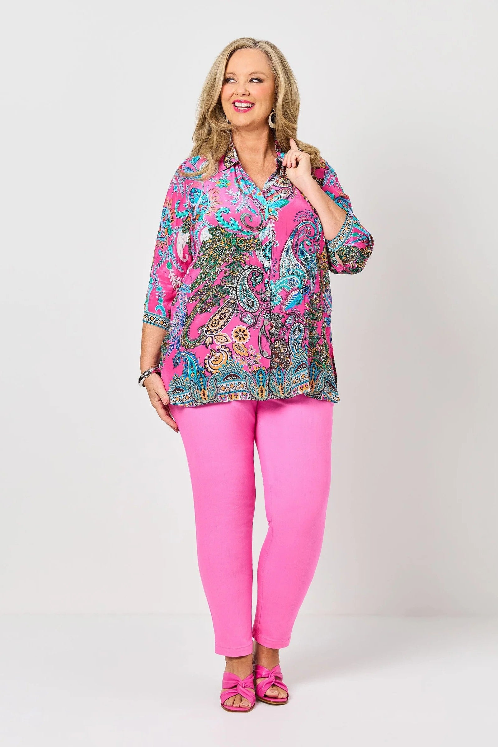 womens pink multi blouse paisley print worn by model