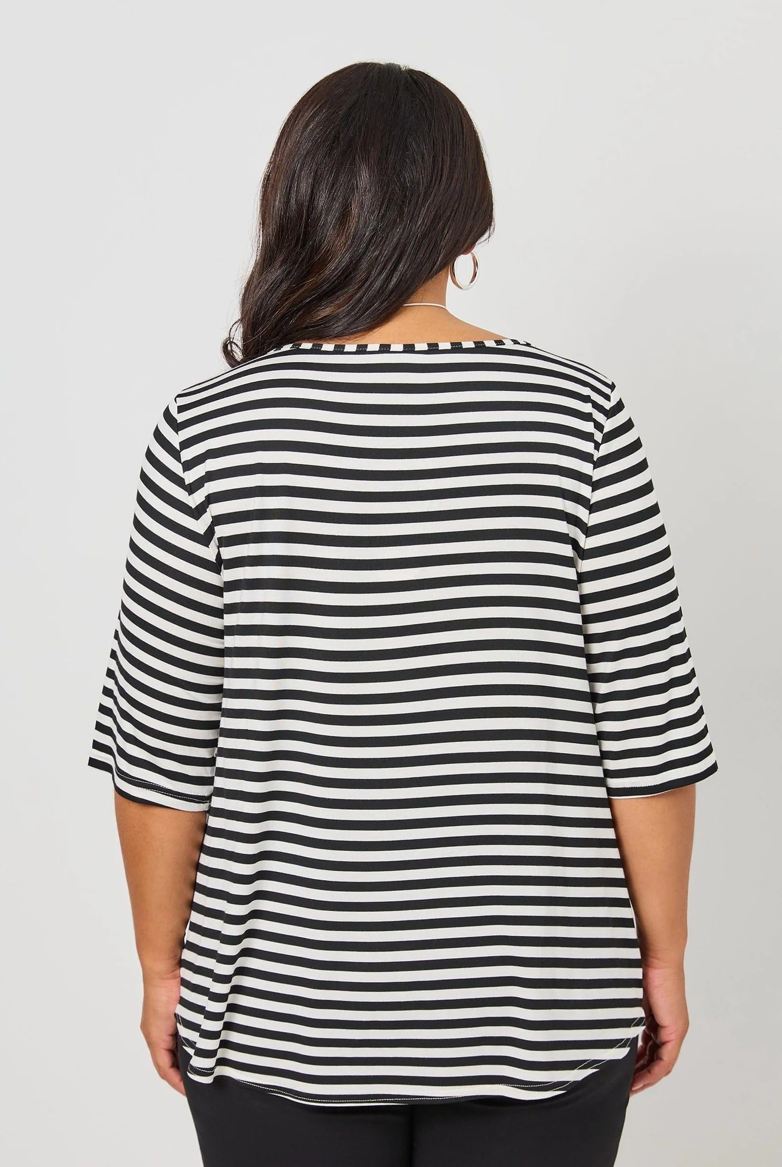 womens half sleeve black white stripe tee worn by model back view