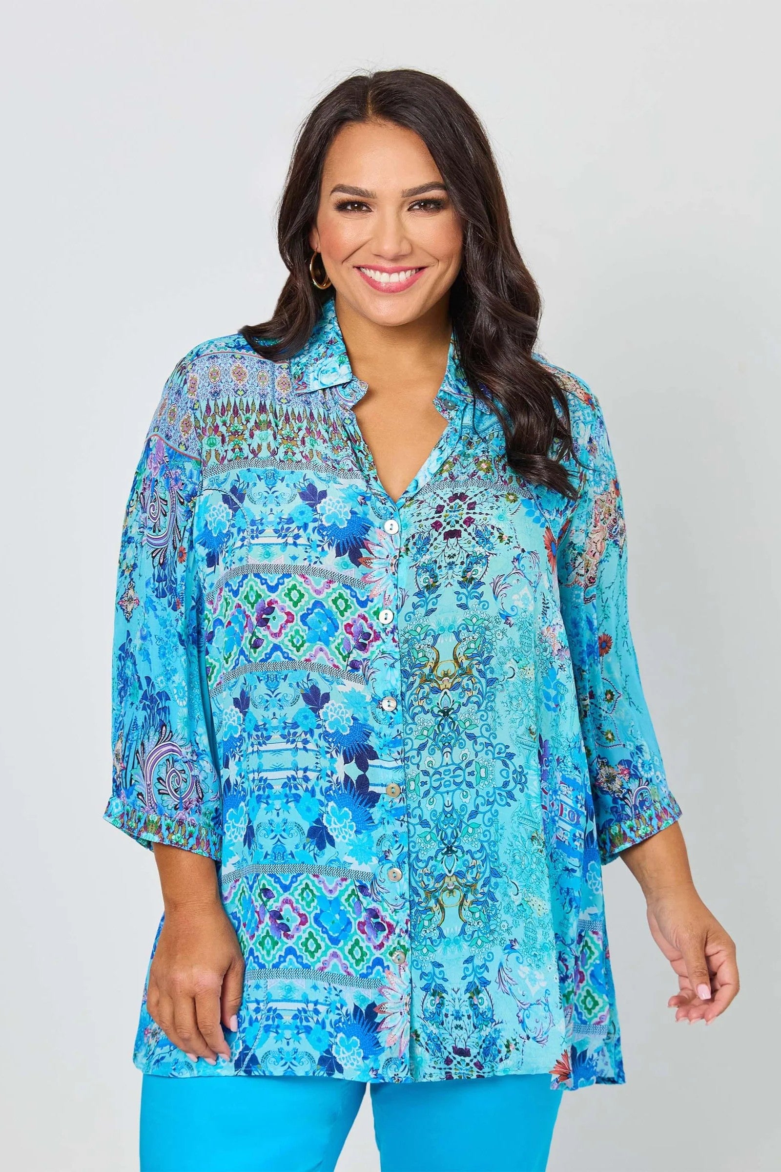 womens blue print long sleeve shirt worn by model