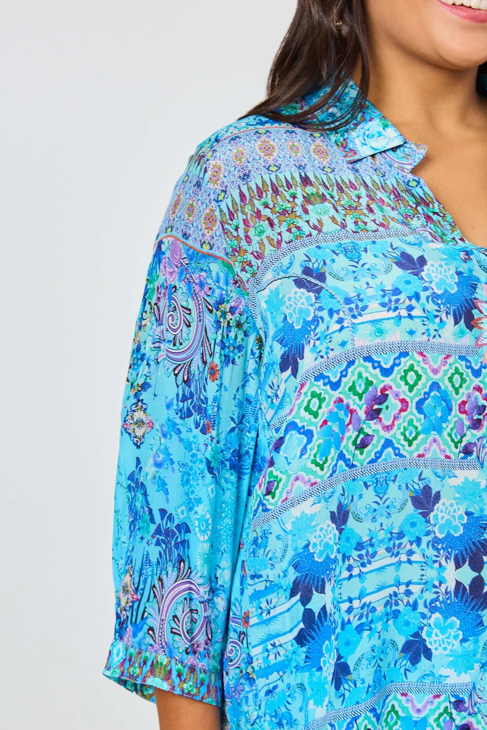 womens blue print long sleeve shirt worn by model detail