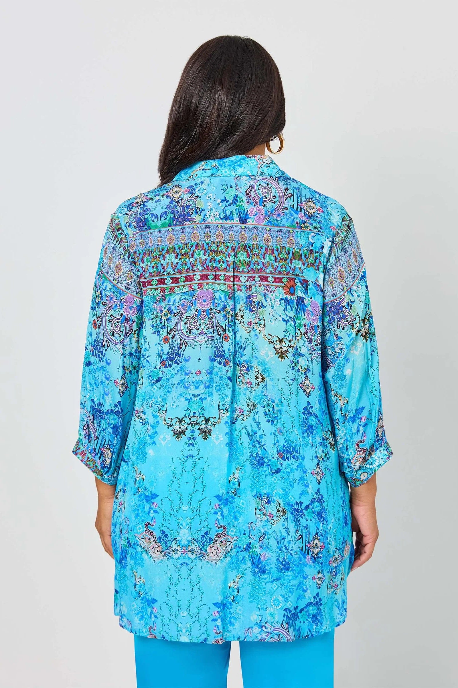 womens blue print long sleeve shirt worn by model back view