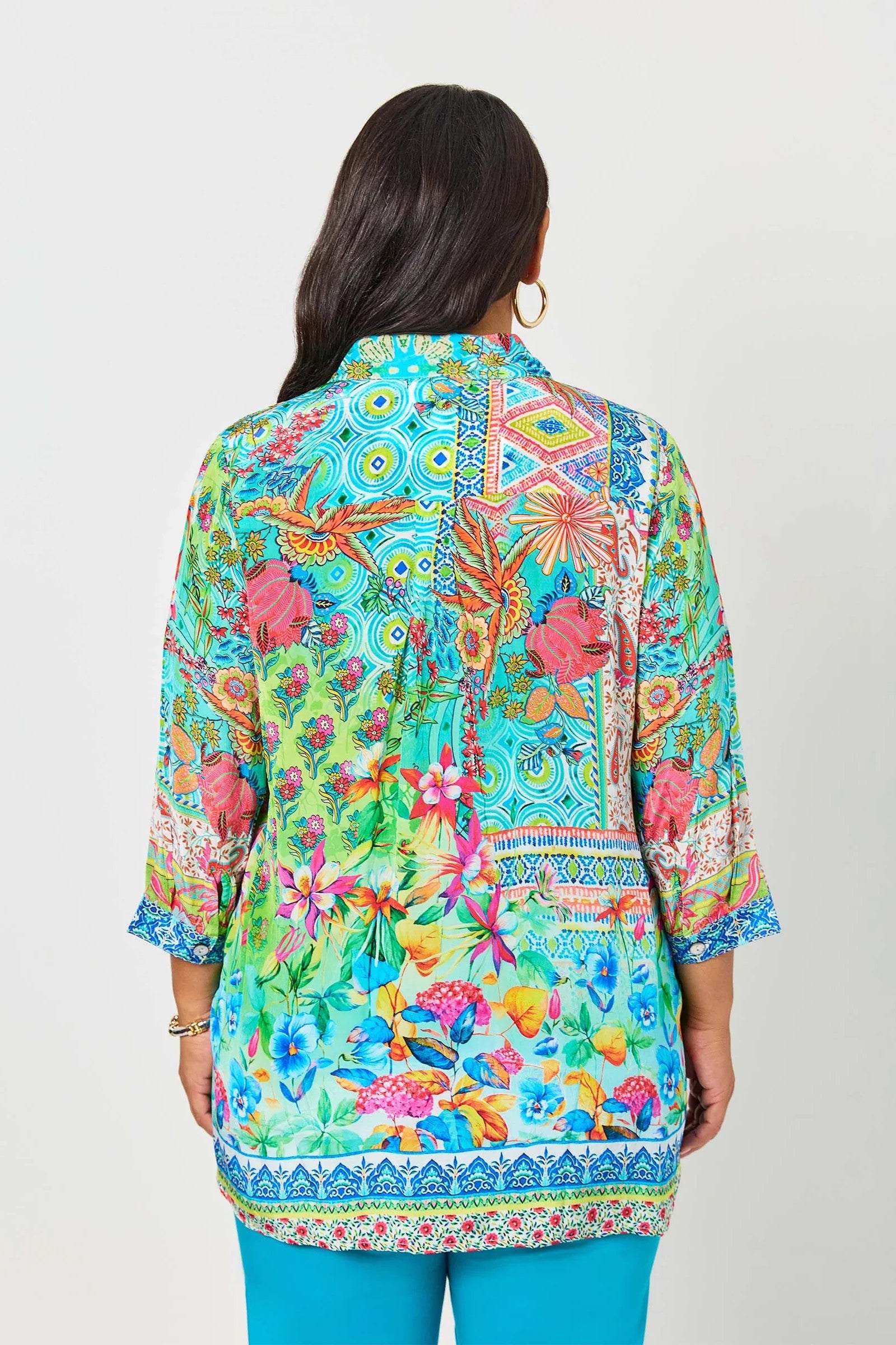 womens shirt turquoise multi floral print shirt worn by model back view