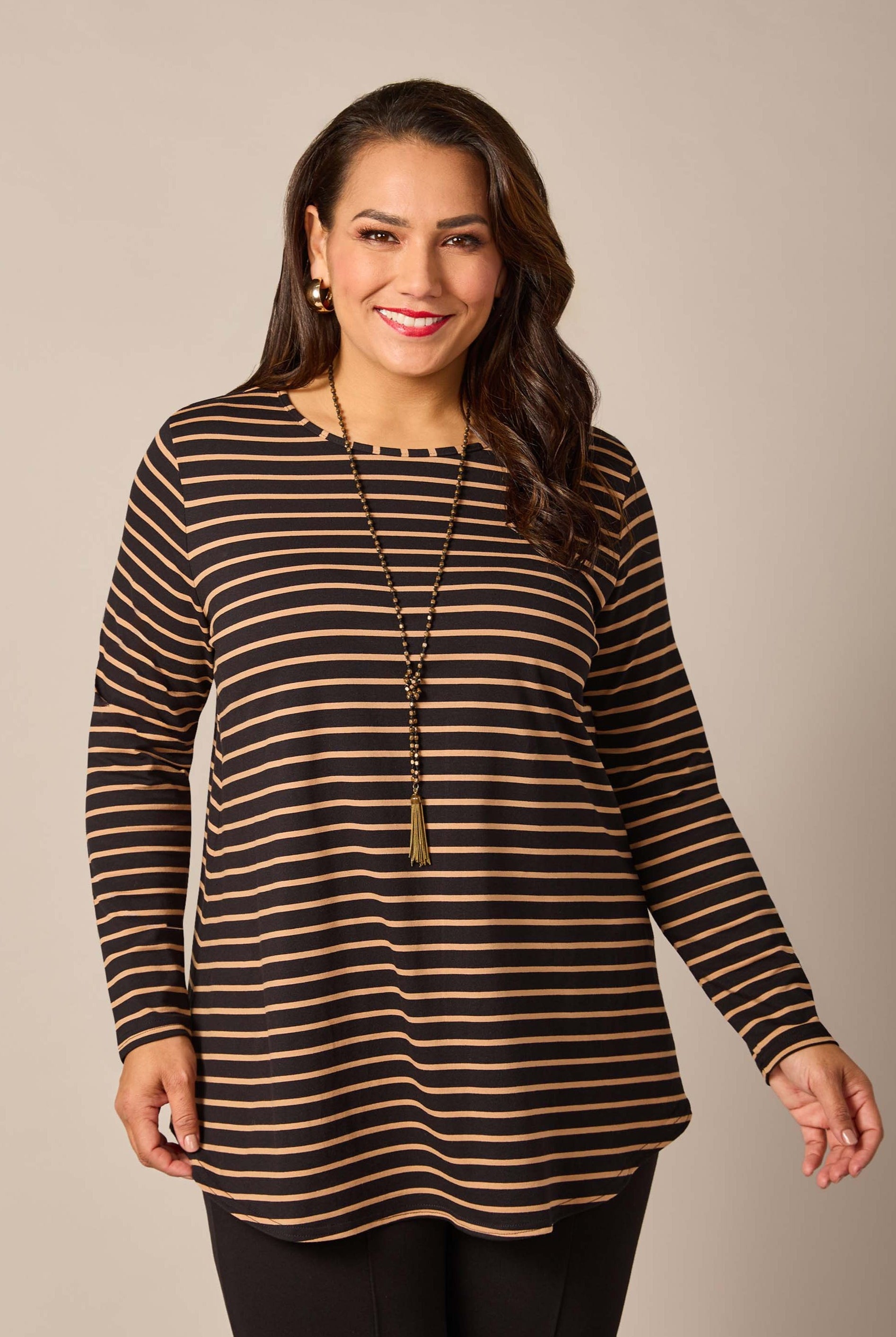 long sleeve stripe top black camel