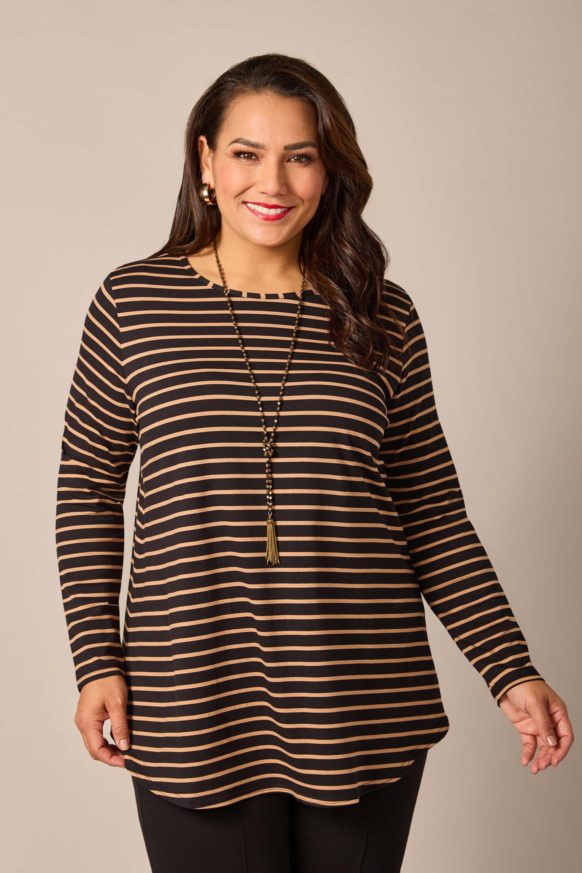 long sleeve stripe top black camel