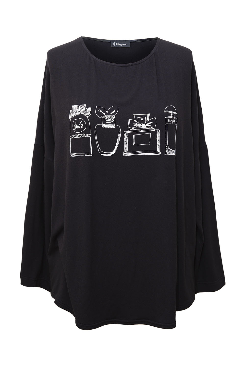 womens long sleeve shirt perfume bottle print black