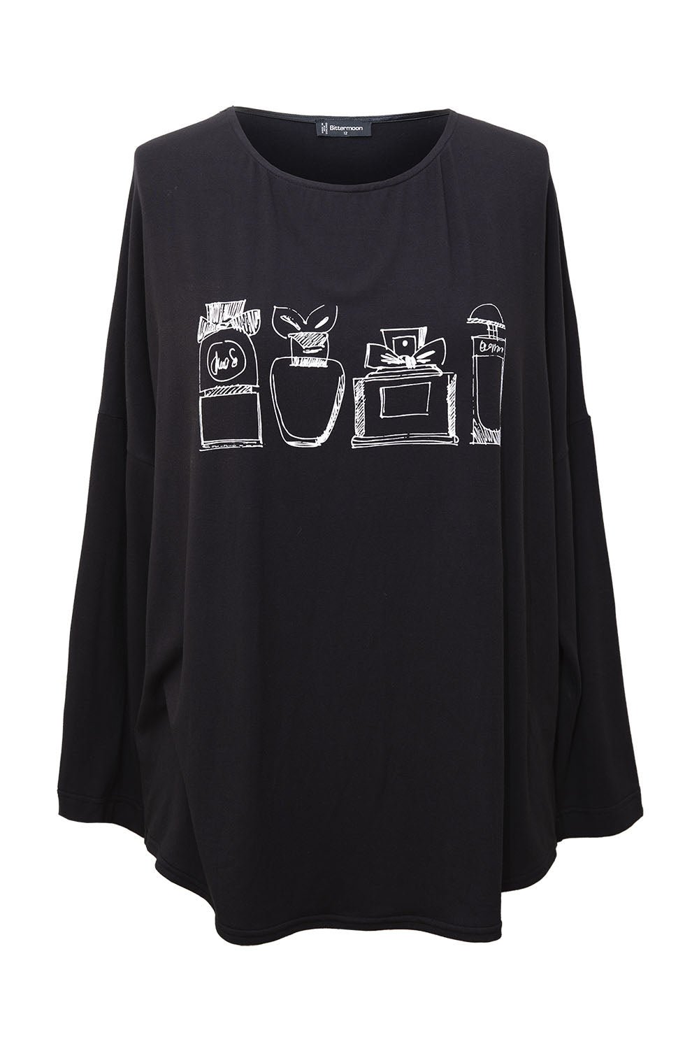 womens long sleeve shirt perfume bottle print black