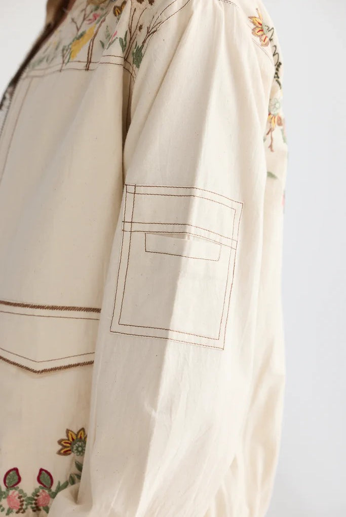 Close-up of a beige fabric with floral embroidery on a light gray background