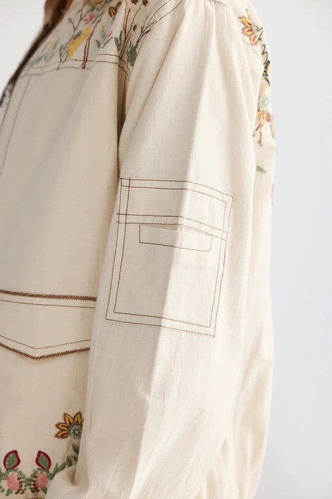 Close-up of a beige fabric with floral embroidery on a light gray background