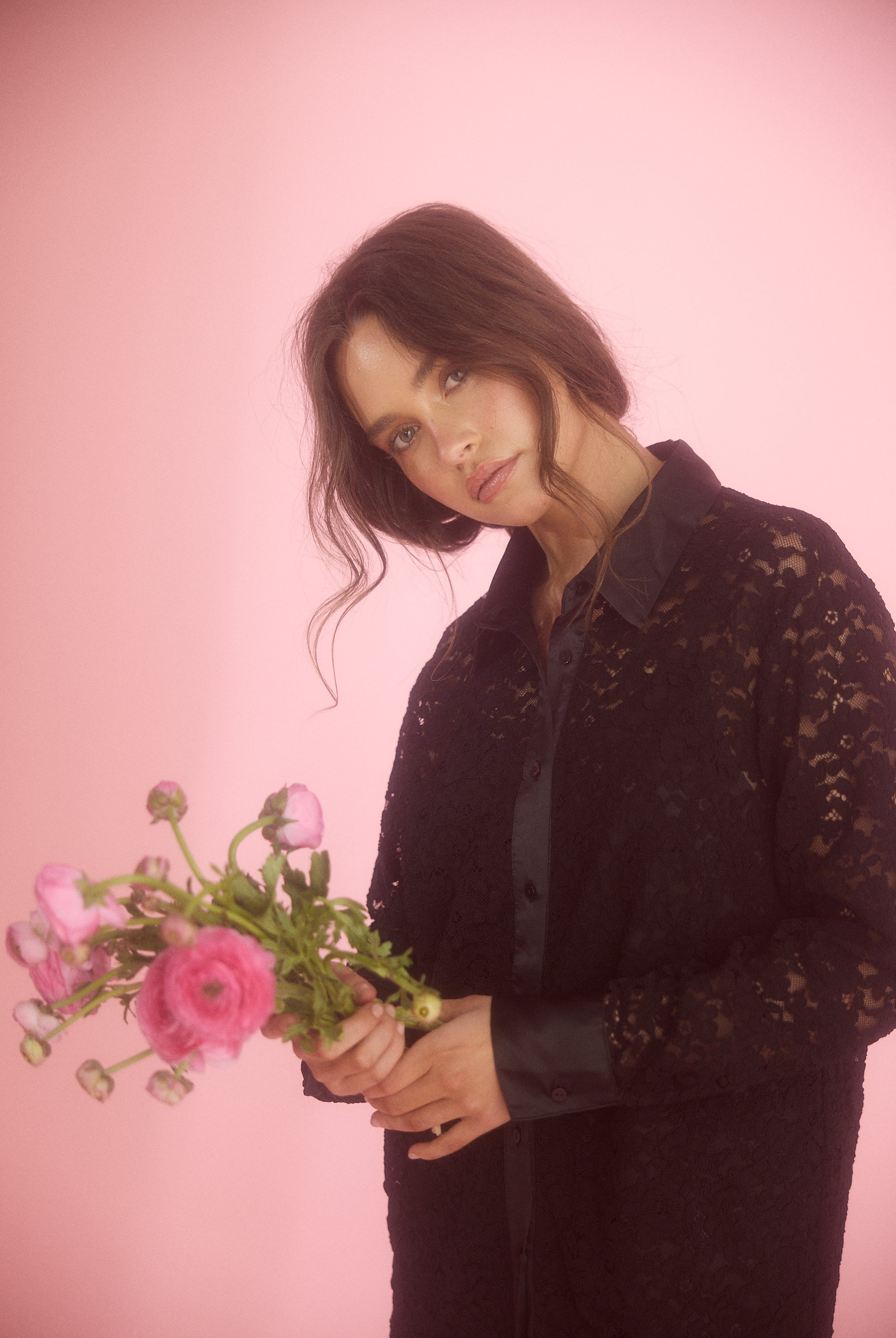 womens lace shirt long sleeve with satin trimmings in black campaign