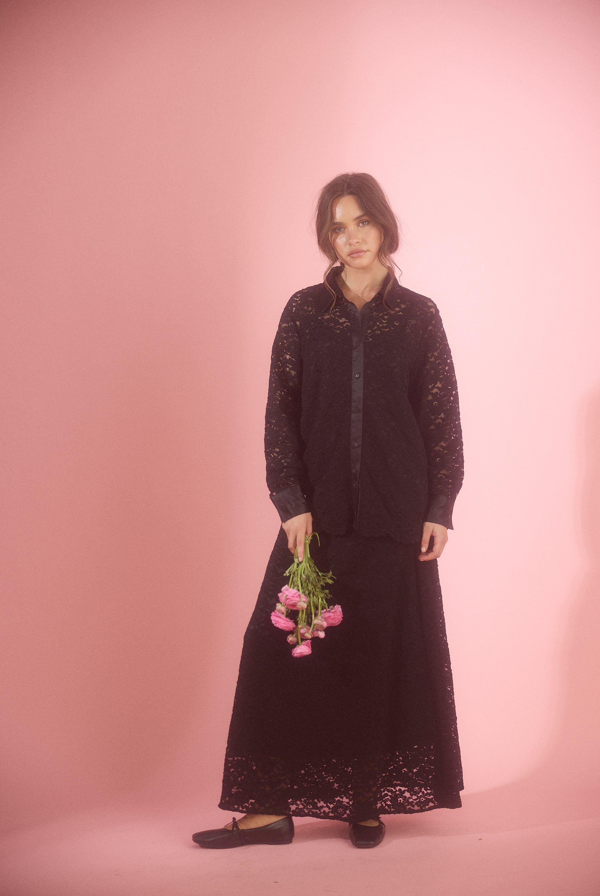 womens lace shirt long sleeve with satin trimmings in black campaign