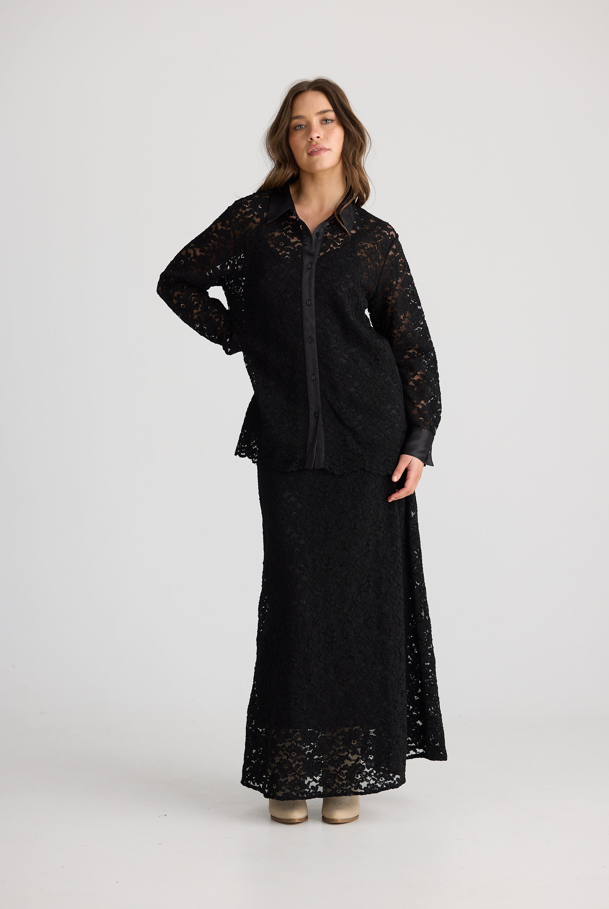 womens lace shirt long sleeve with satin trimmings in black