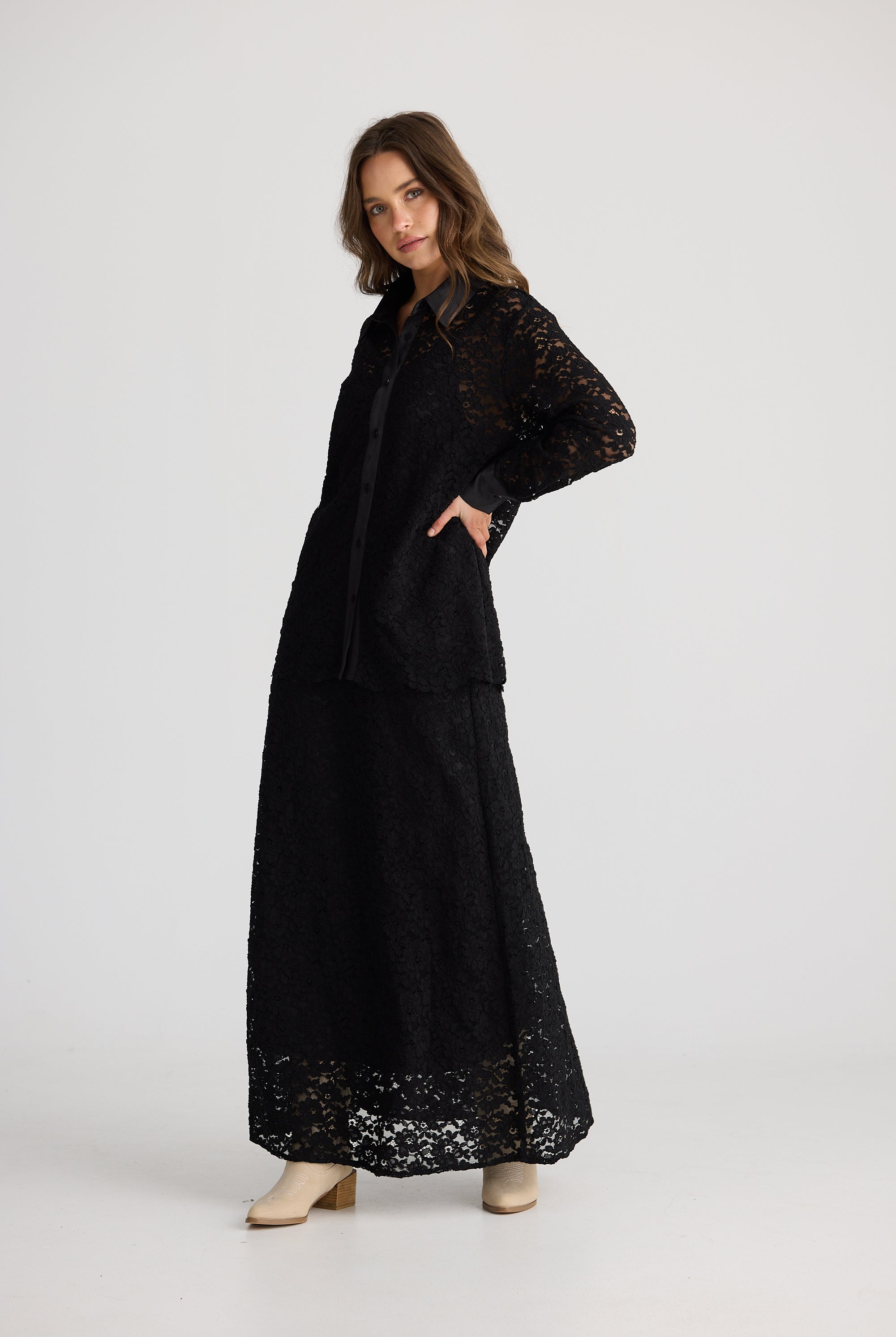 womens lace shirt long sleeve with satin trimmings in black