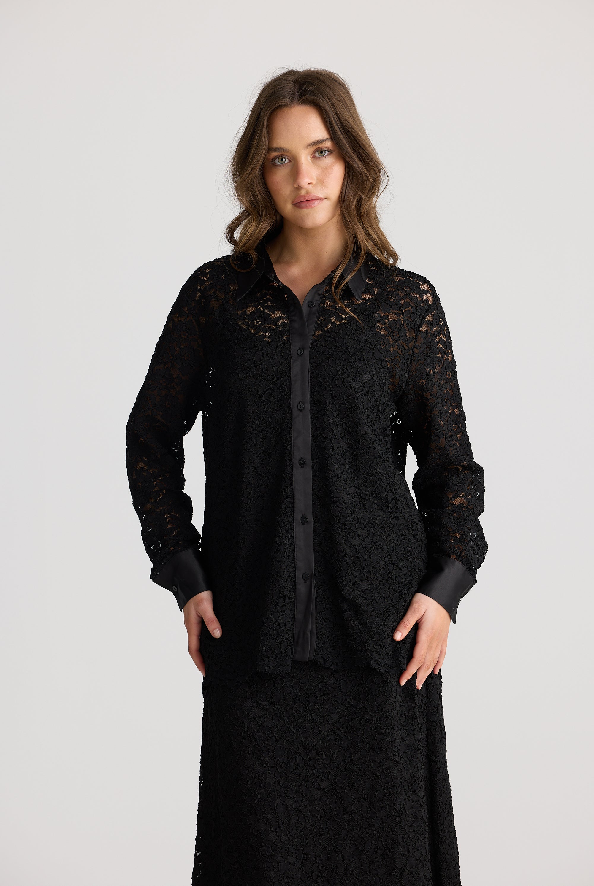 womens lace shirt long sleeve with satin trimmings in black