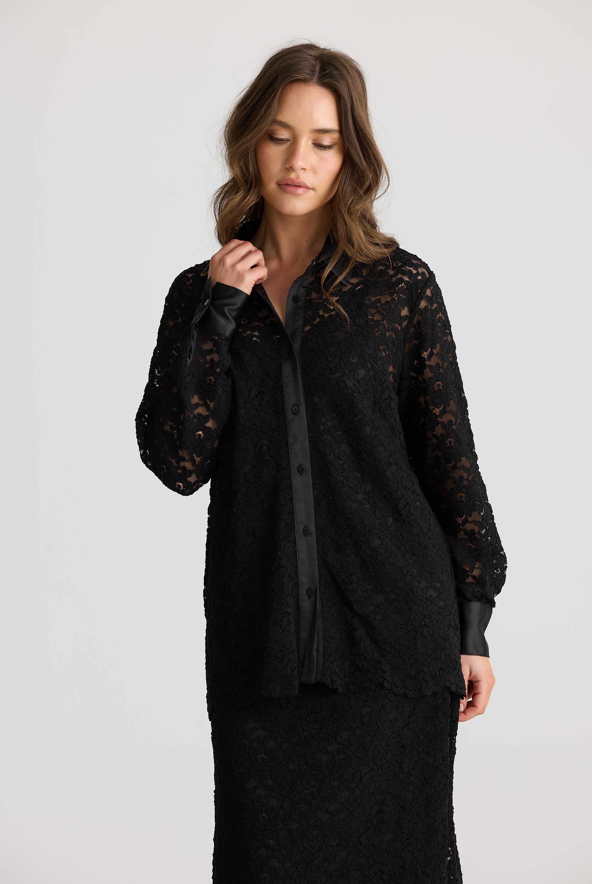 womens lace shirt long sleeve with satin trimmings in black