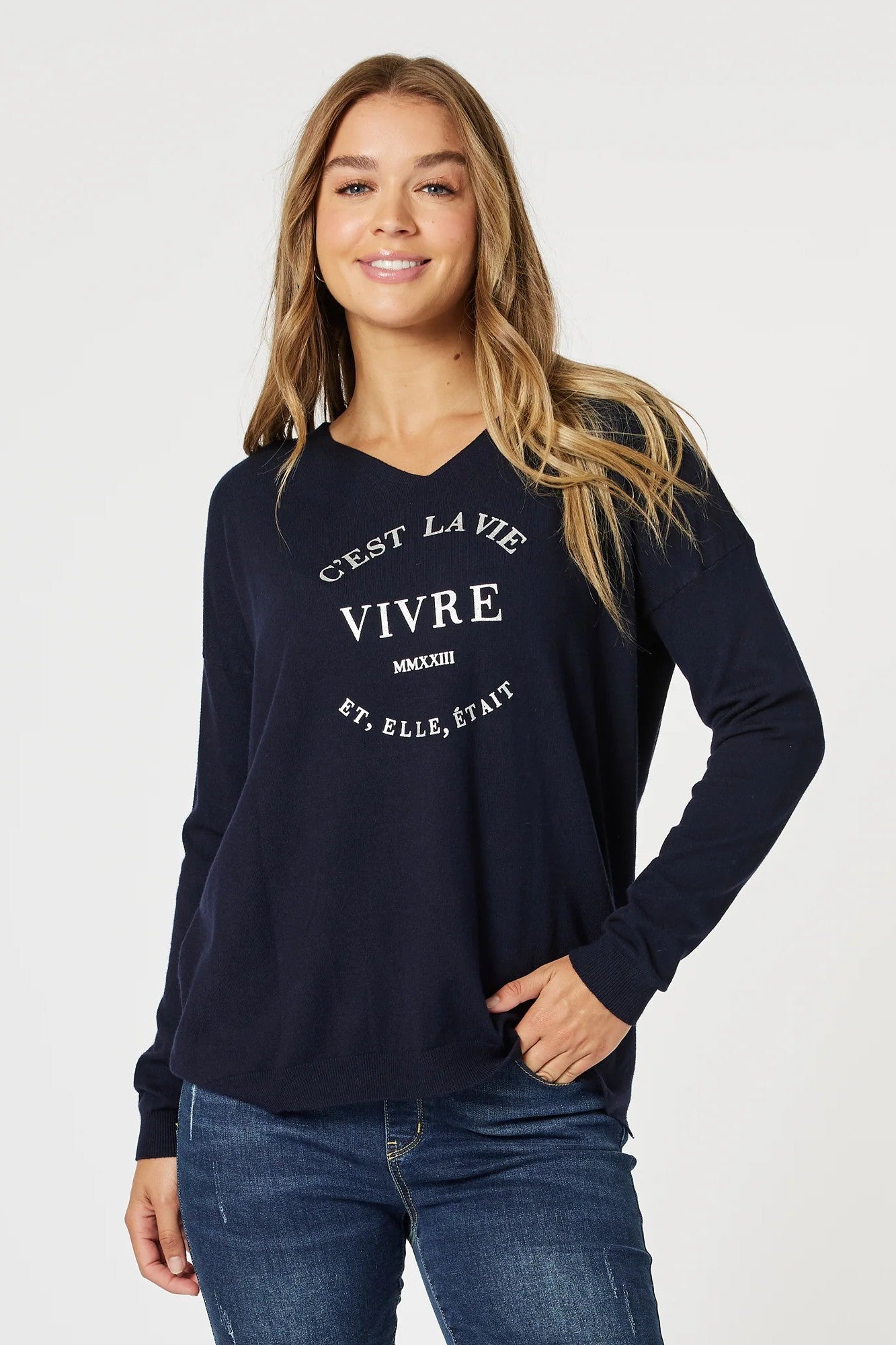 long-sleeve-knit-navy-white-cest-la-vie-print-plus-size-clothing